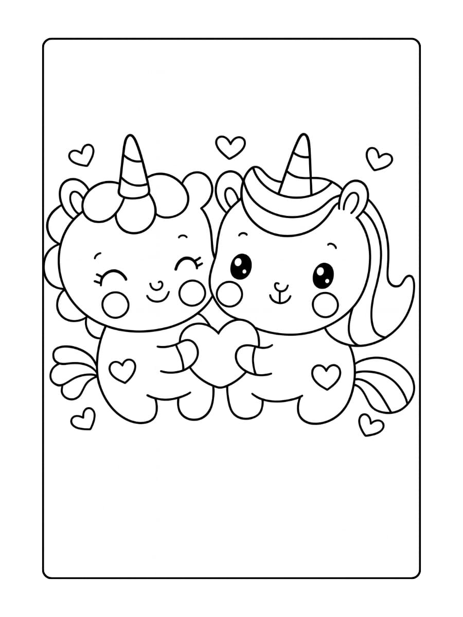 Twee unicorns die samen een groot hart vormen met hun staarten