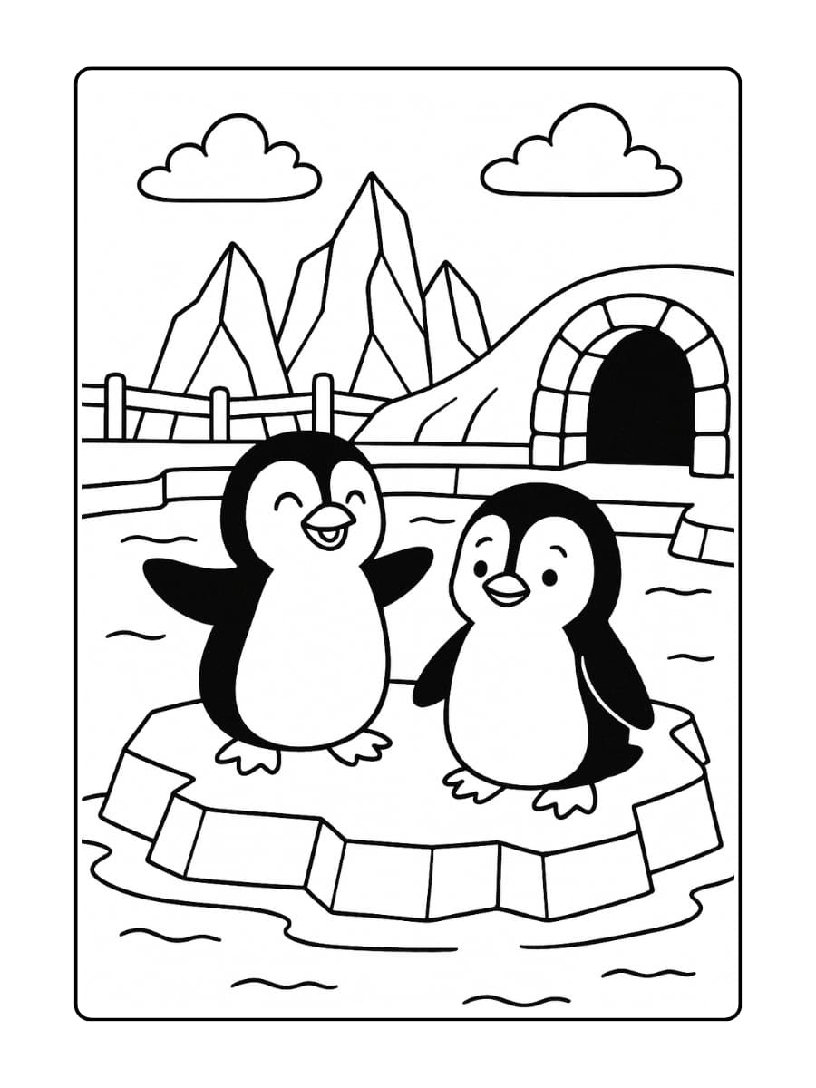 Kleurplaat dierentuin - Twee vrolijke pinguïns die op een ijsrots staan in het poolverblijf van de dierentuin