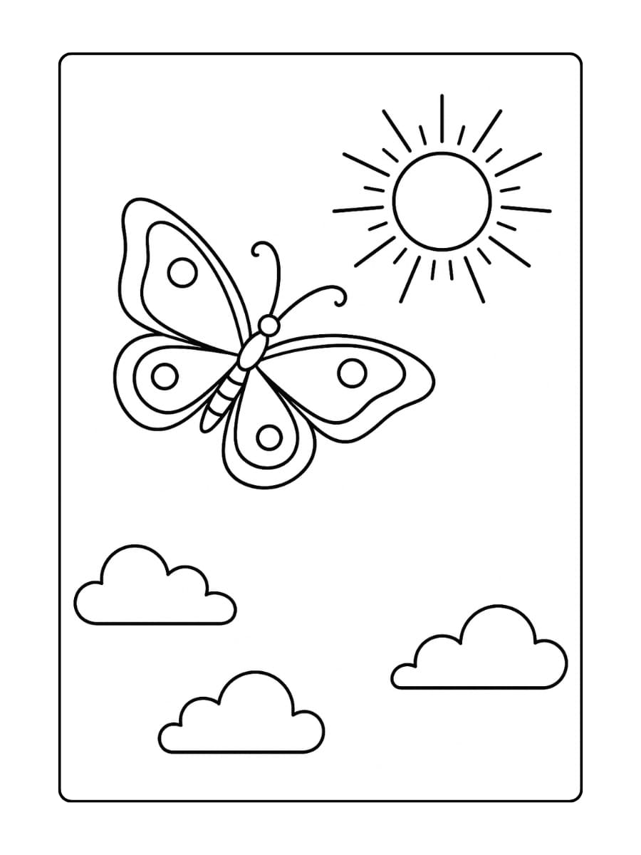 Vlinder en zon kleurplaat – een vlinder die hoog in de lucht zweeft richting de stralende zon