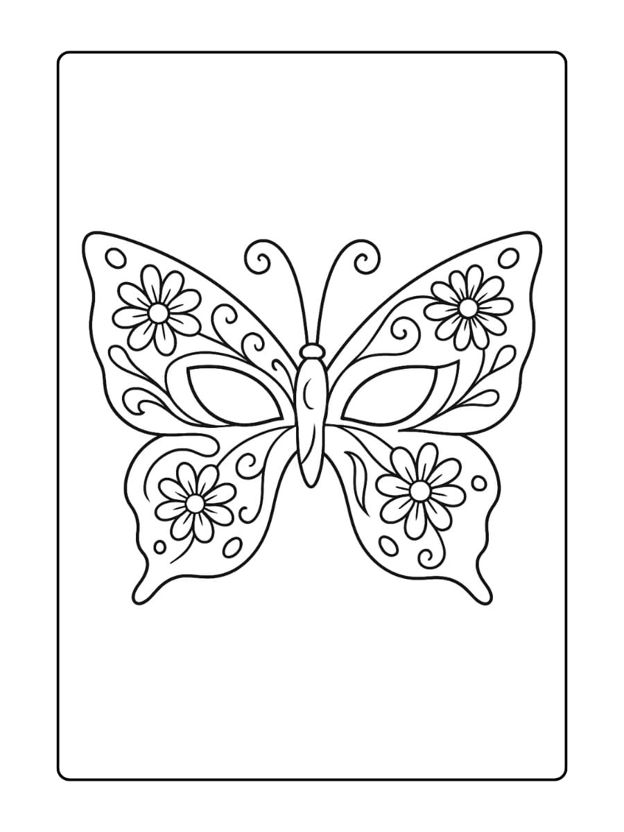 Vlinder masker feest kleurplaat – een feestelijk vlinder masker met decoratieve lijnen en bloemen om in te kleuren voor carnaval of verkleedpartij
