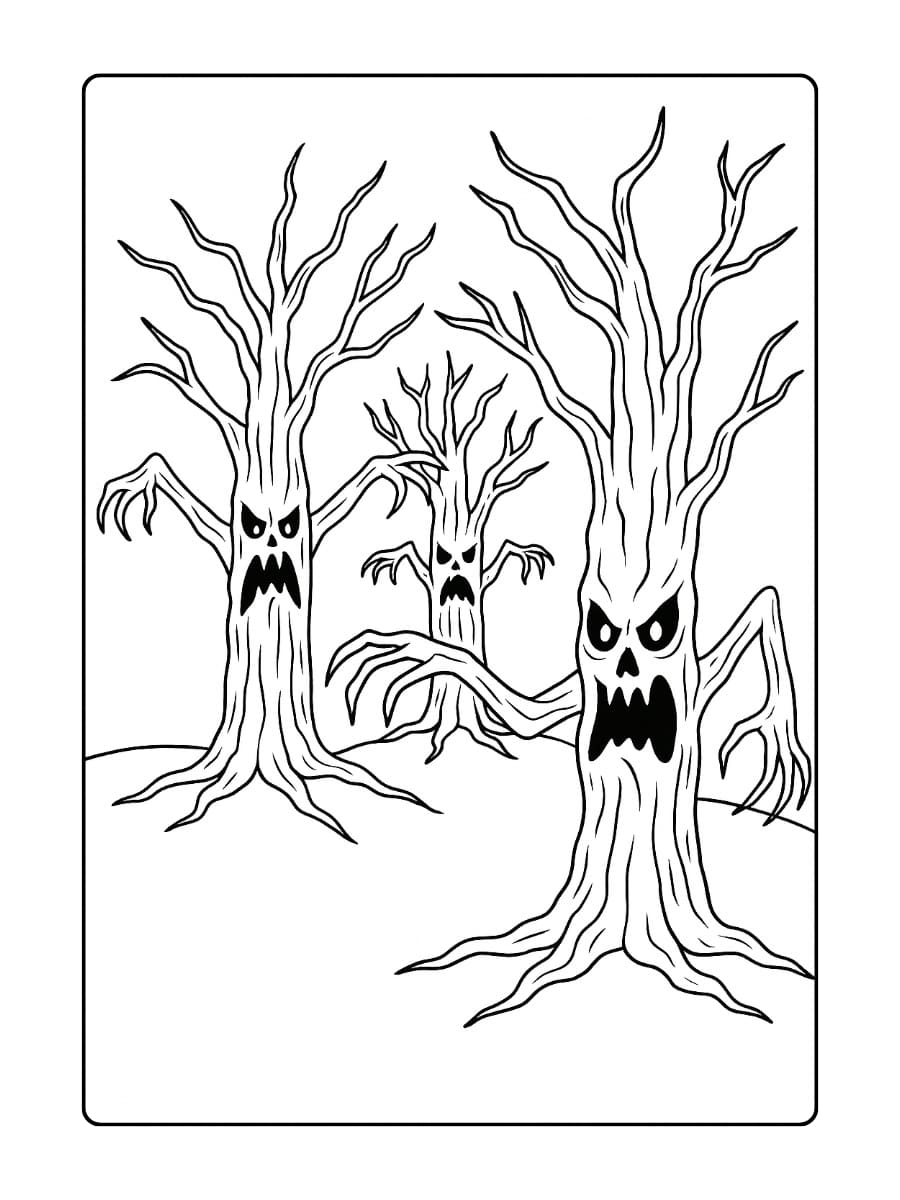 Kleurplaat halloween eng – Bomen met enge gezichten, lange armen als takken en gloeiende ogen in het donker