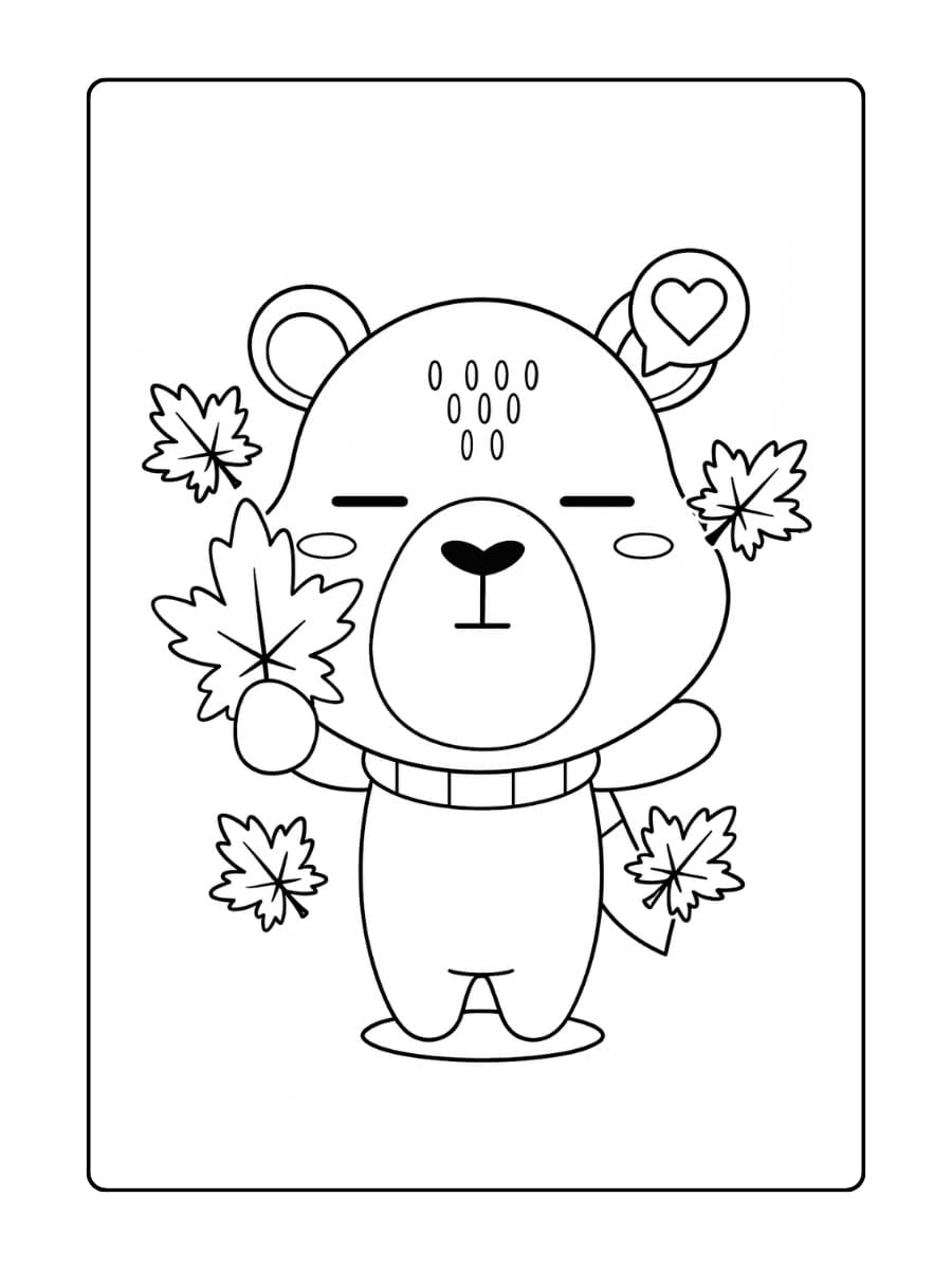 Kleurplaat herfst​ - Capibara met een herfstblad en een warme sjaal, omringd door vallende bladeren