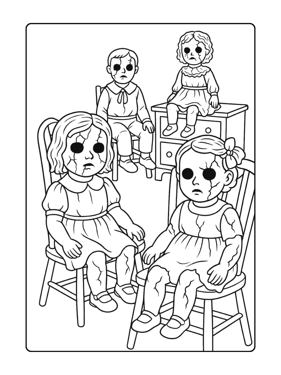 Kleurplaat halloween eng – Oude poppen met gebroken gezichten en lege ogen die overal op stoelen zitten