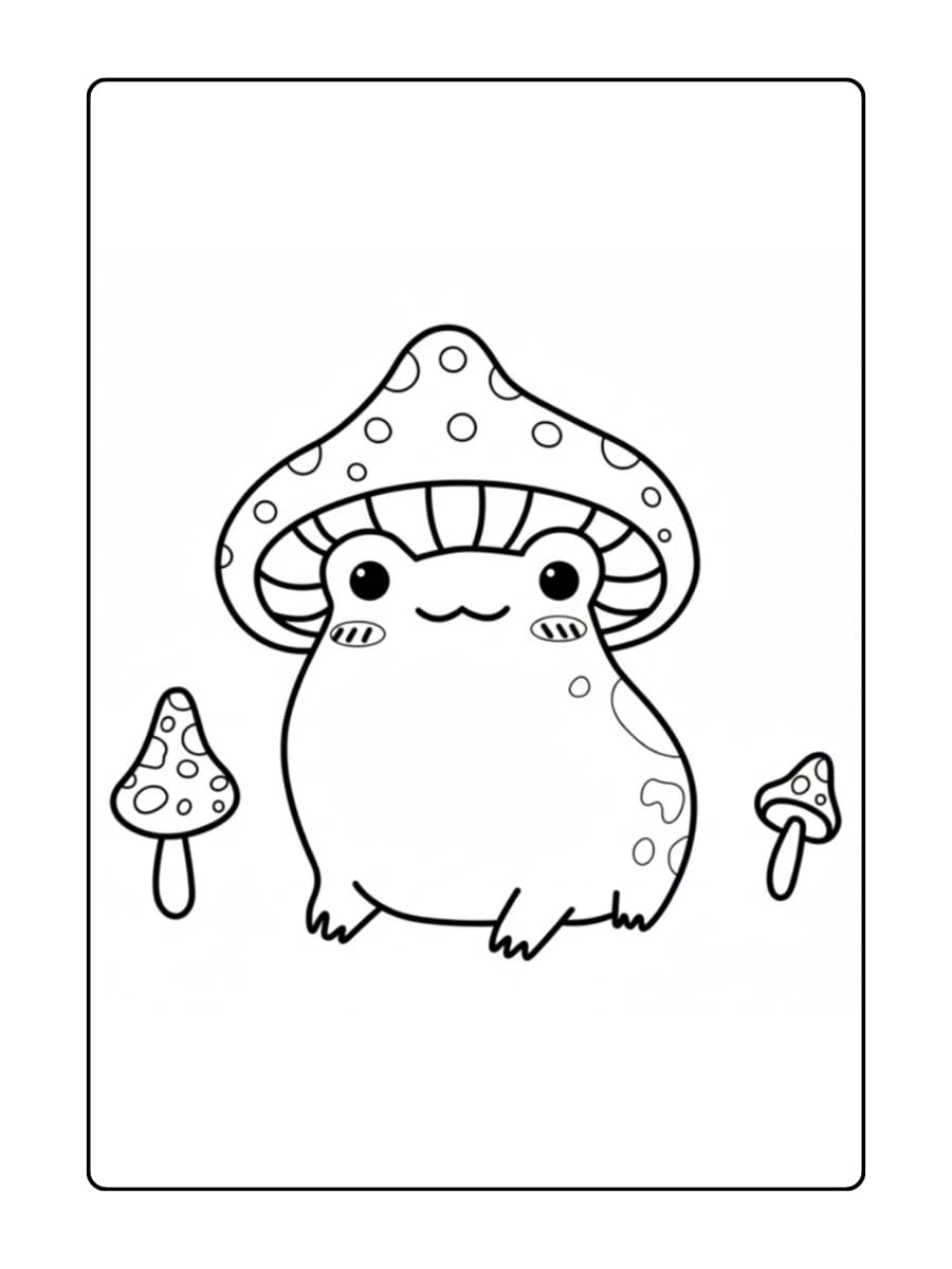 Kleurplaat schattige kikker draagt een paddenstoel als hoed en staat tussen twee kleinere paddenstoelen