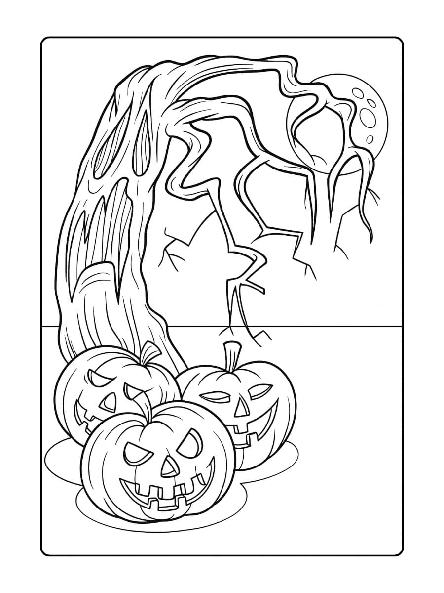 Kleurplaat Halloween pompoenen liggen onder een griezelige boom bij volle maan Kleurplaat Halloween pompoenen liggen onder een griezelige boom bij volle maan