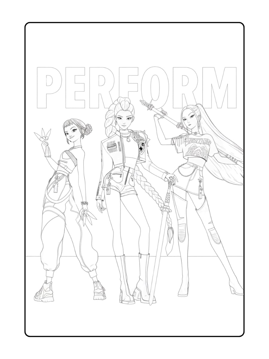 Kleurplaat Drie vrouwelijke personages van K POP Demon Hunters poseren met hun wapens