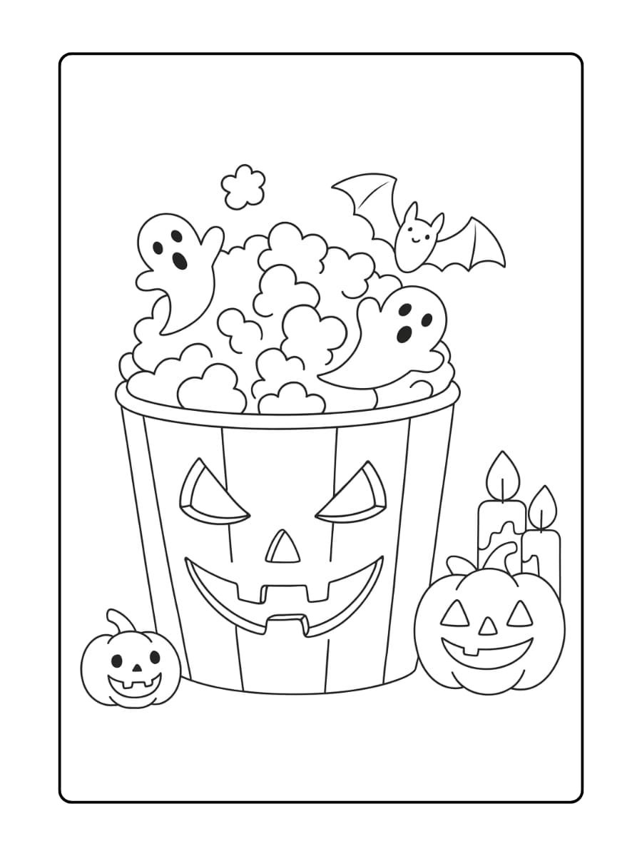 Kleurplaat Halloween emmer vol popcorn met spookjes en een vleermuis