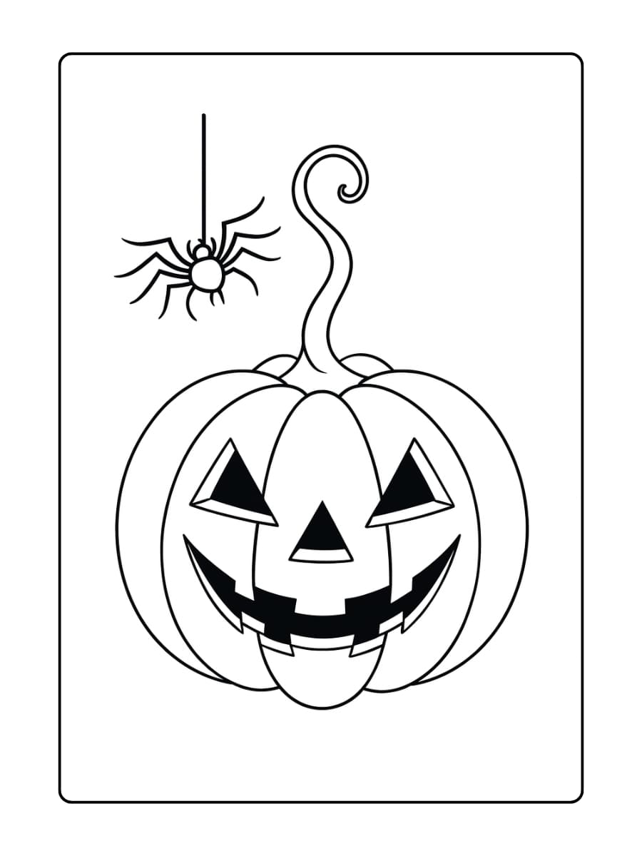 Kleurplaat Halloween pompoen met een lachend gezicht en een spin erboven Kleurplaat Halloween pompoen met een lachend gezicht en een spin erboven