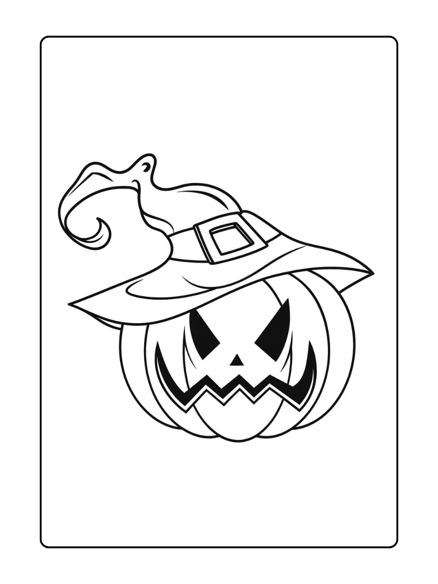 Kleurplaat Halloween pompoen met een paarse heksenhoed Kleurplaat Halloween pompoen met een paarse heksenhoed