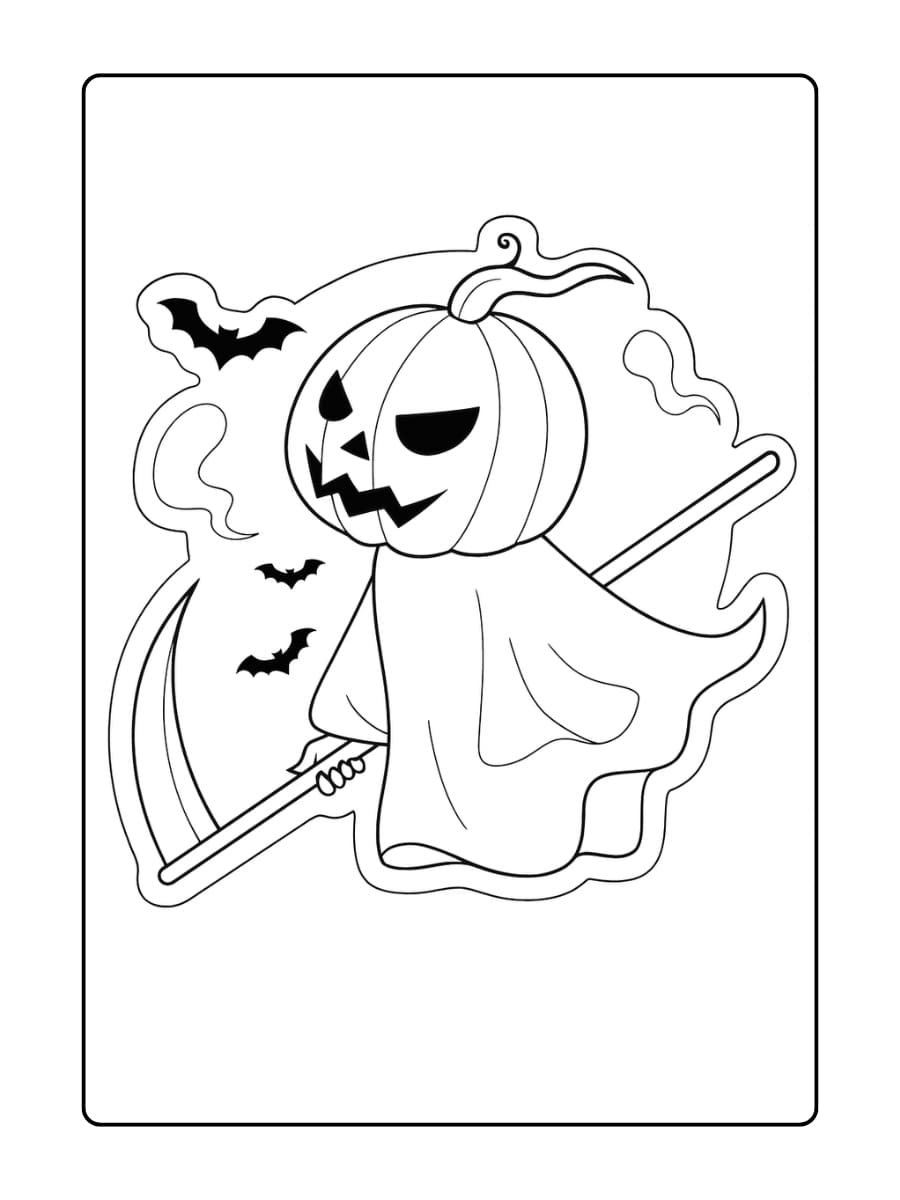 Kleurplaat Halloween - enge pompoenkop in een spookkostuum zwaait met een zeis tussen de vleermuizen op Halloween