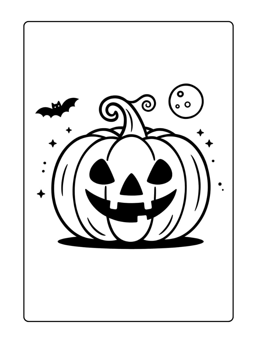 Kleurplaat Halloween pompoen glimlacht onder de maan met een vleermuis ernaast Kleurplaat Halloween pompoen glimlacht onder de maan met een vleermuis ernaast