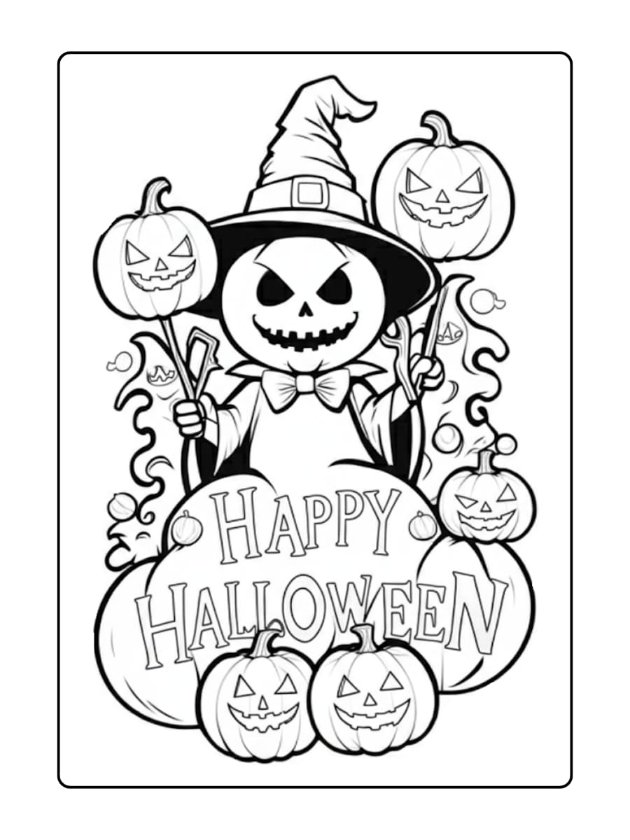 Kleurplaat Halloween - Een griezelige skelettovenaar met pompoenen wenst iedereen een Happy Halloween