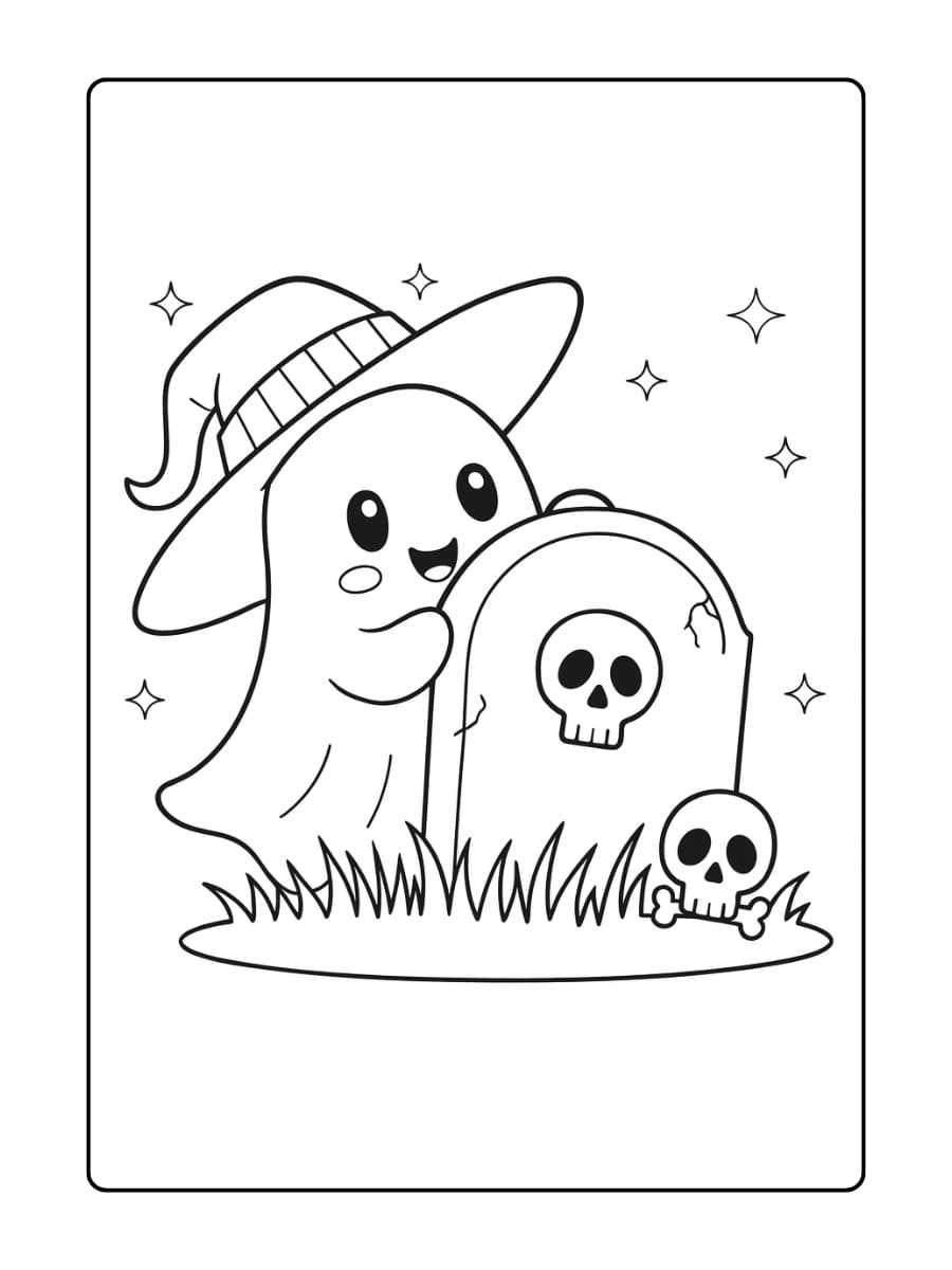 Kleurplaat Halloween - lief spookje met heksenhoed staat bij een grafsteen op Halloween