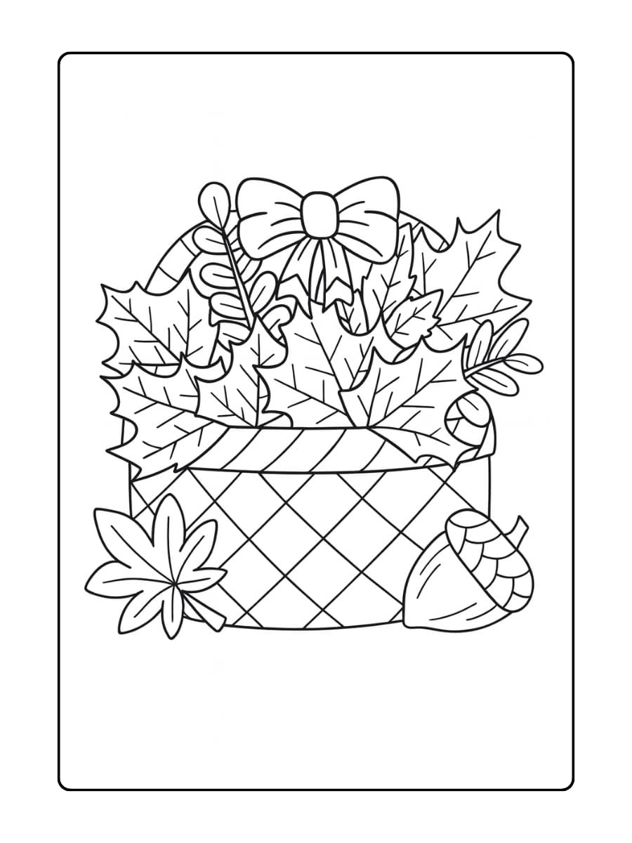 Kleurplaat herfst​ - Een mand vol herfstbladeren en eikels straalt de sfeer van de herfst uit