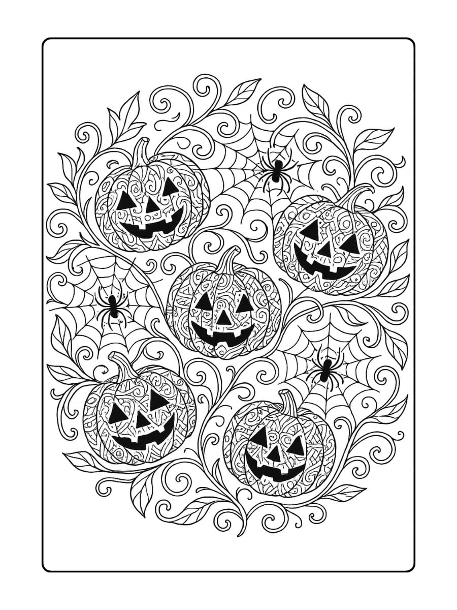 Halloween kleurplaat volwassenen - Een mandala van pompoenen met ingewikkelde patronen, kronkelende bladeren en spinnenwebben die in cirkels zijn verweven