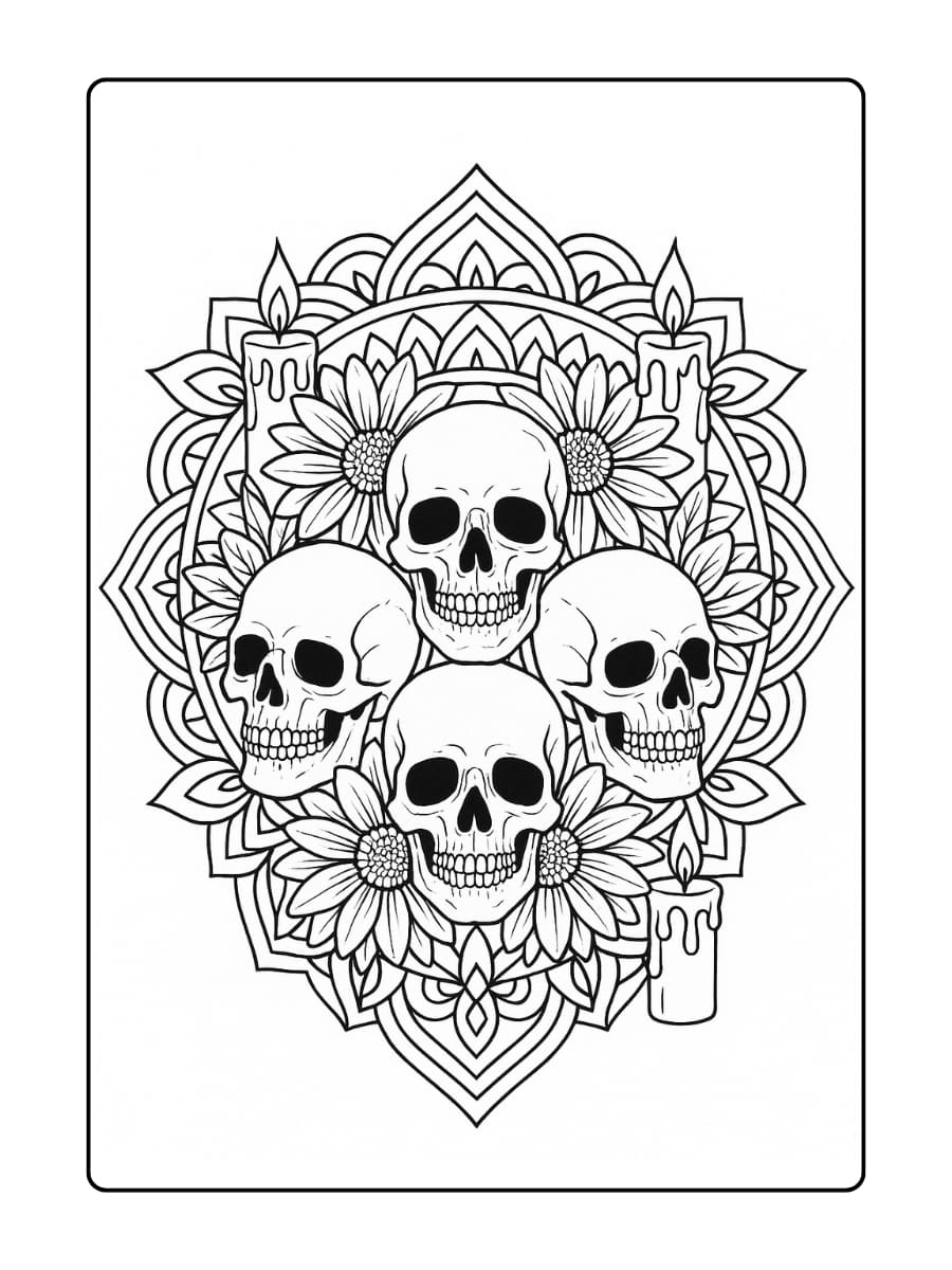 Halloween kleurplaat volwassenen - Een mandala van schedels met sierlijke bloemen, kaarsen en geometrische vormen die in lagen zijn opgebouwd