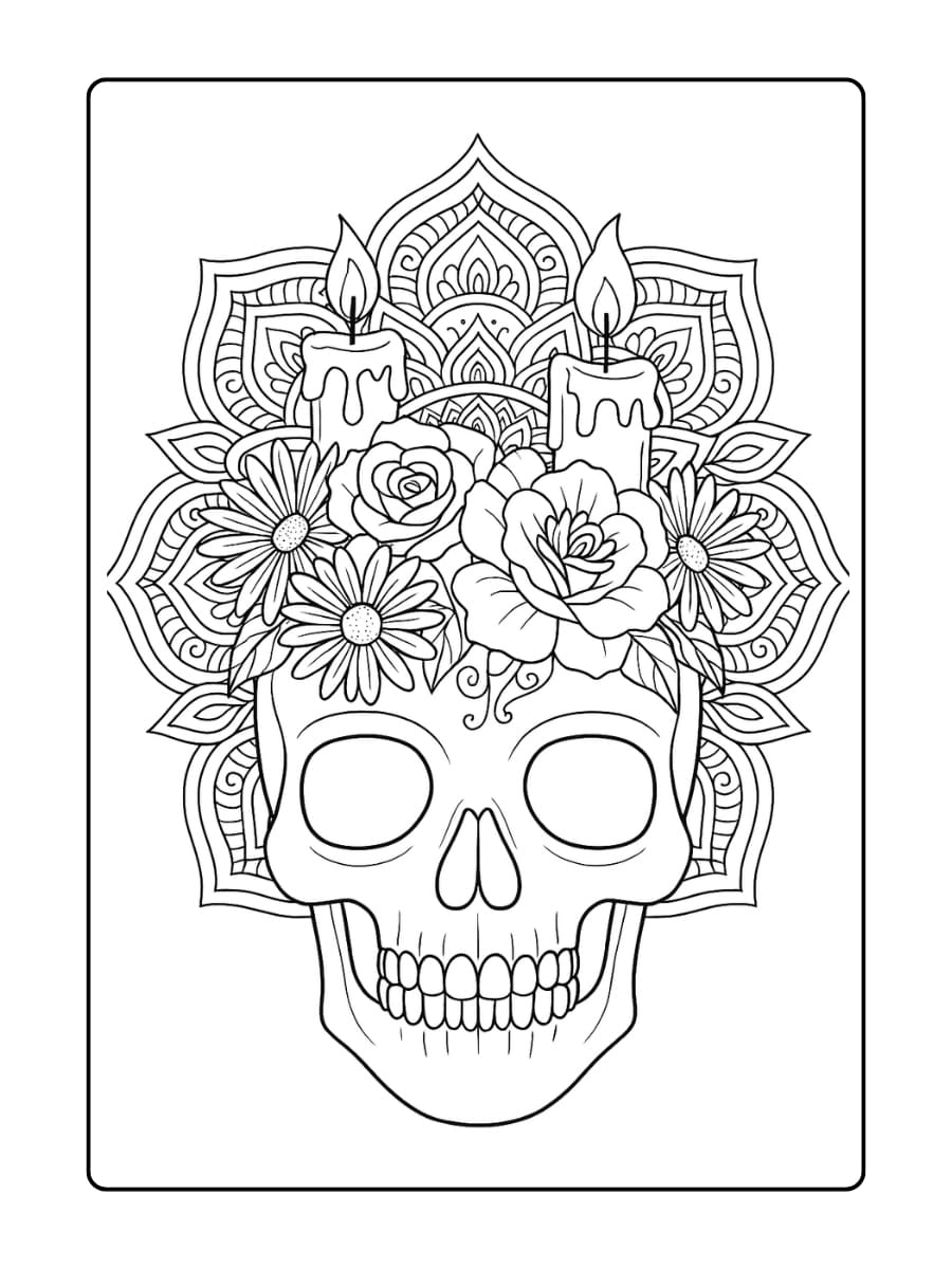 Halloween kleurplaat volwassenen - Een masker in schedelvorm, gevuld met bloemen, kaarsen en sierlijke mandala lijnen