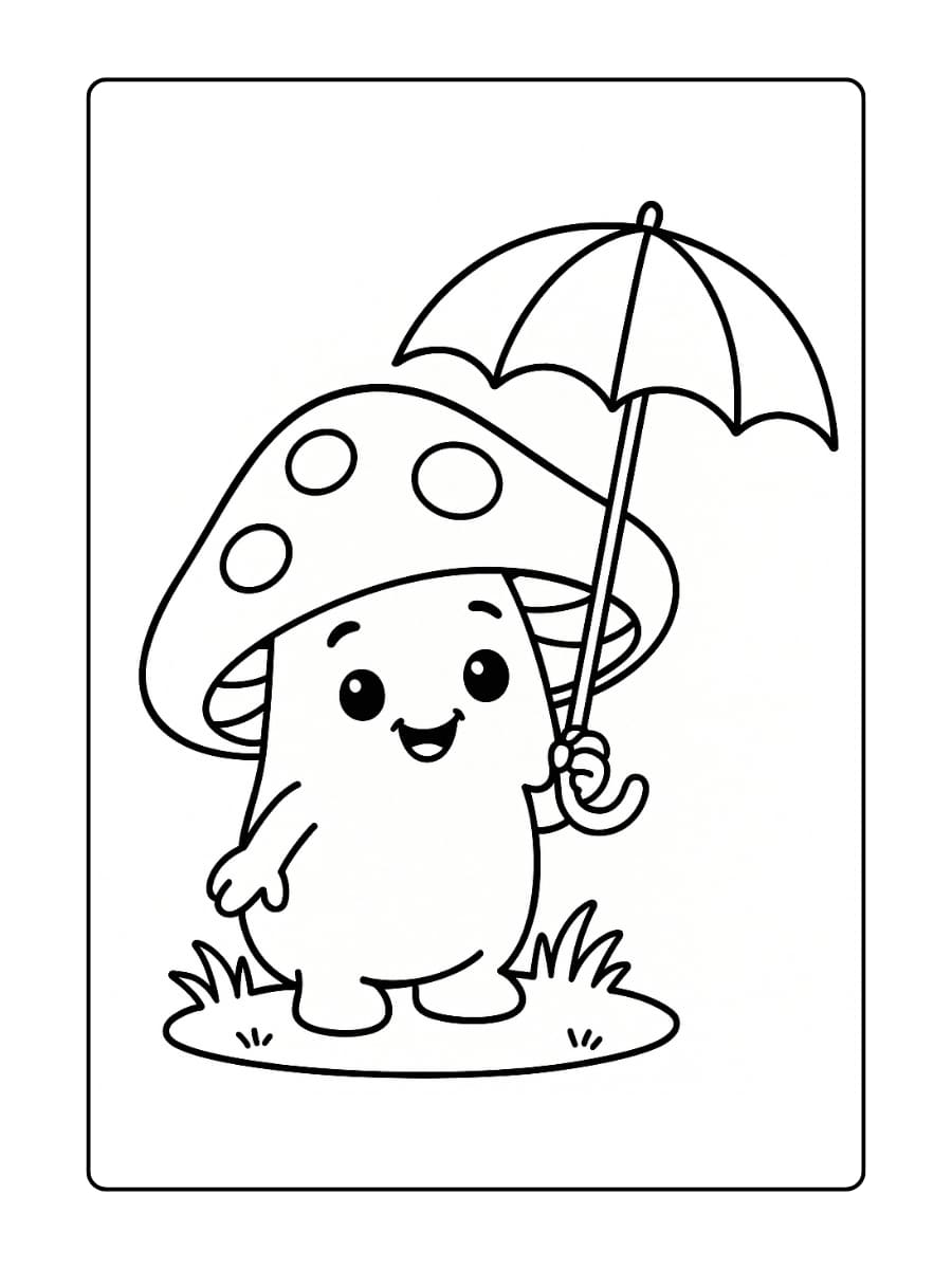 Kleurplaat paddestoel met een mini paraplu in zijn hand