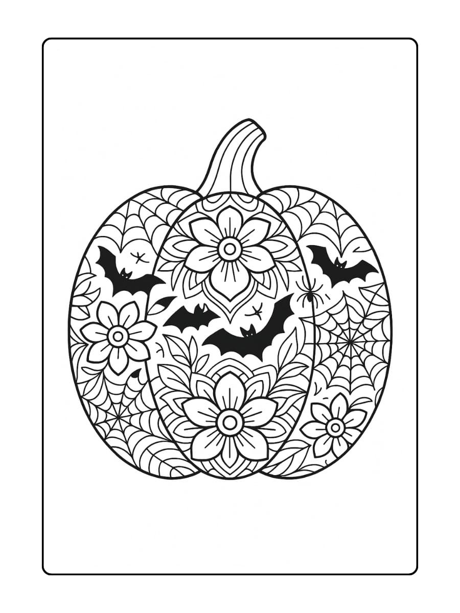 Halloween kleurplaat volwassenen - Een pompoen in mandala stijl, waarvan de lijnen zijn gevuld met bloemen, vleermuizen en spinnenwebben