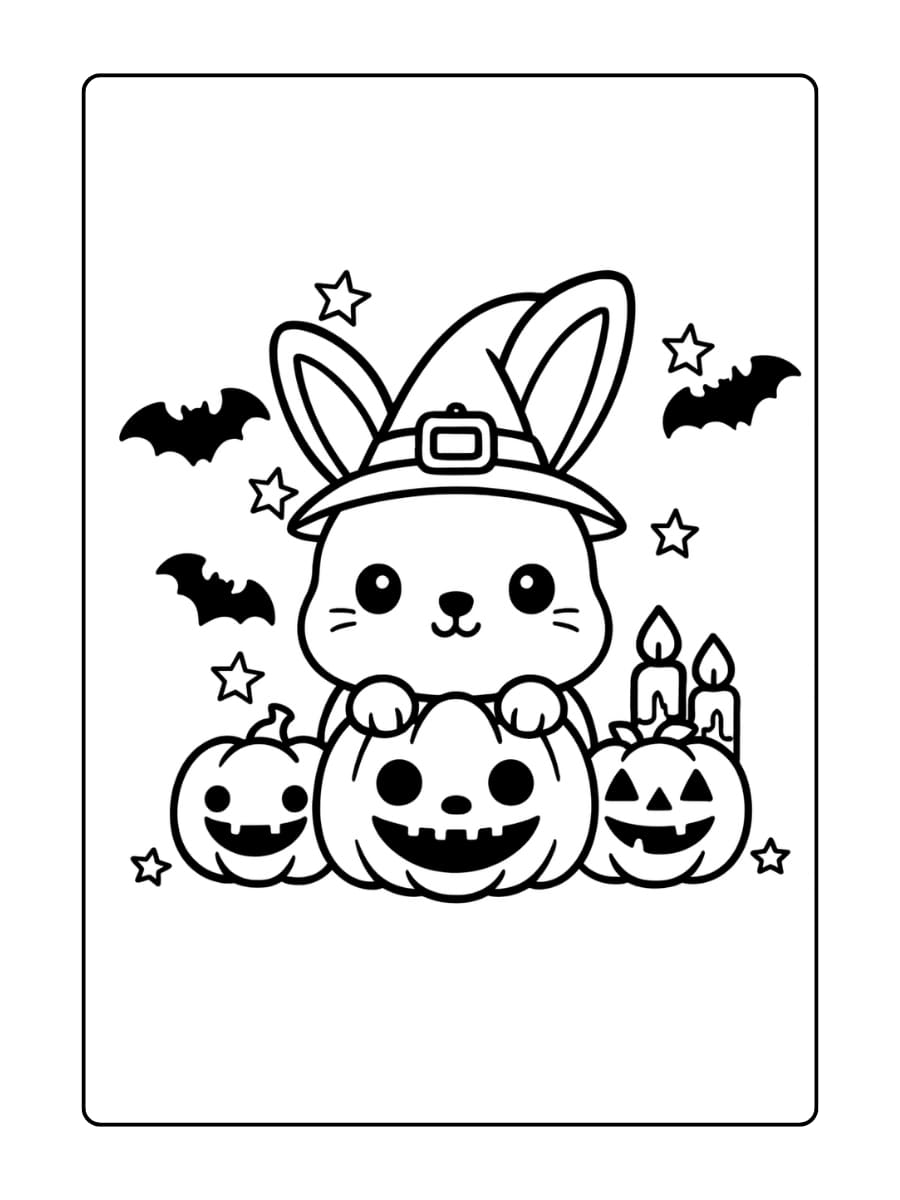 Kleurplaat Halloween - schattig konijntje met heksenhoed zit tussen pompoenen en vleermuizen voor Halloween