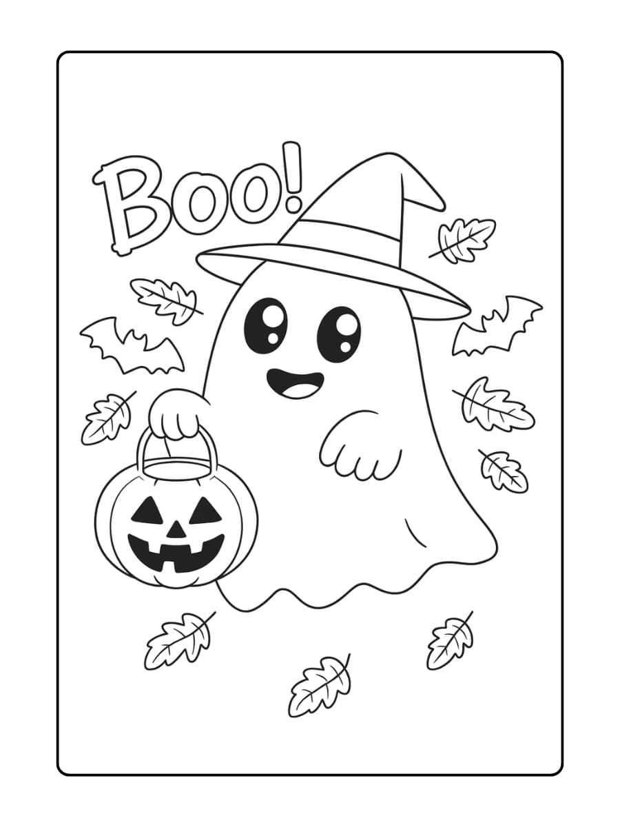 Kleurplaat Halloween - schattig spookje met een heksenhoed en pompoen viert Halloween