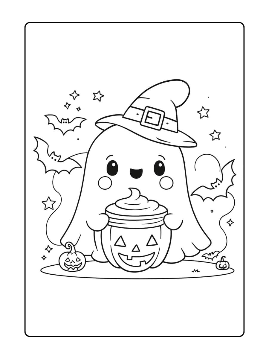 Kleurplaat Halloween - schattig spookje met een heksenhoed houdt een pompoenbeker vast tijdens Halloween