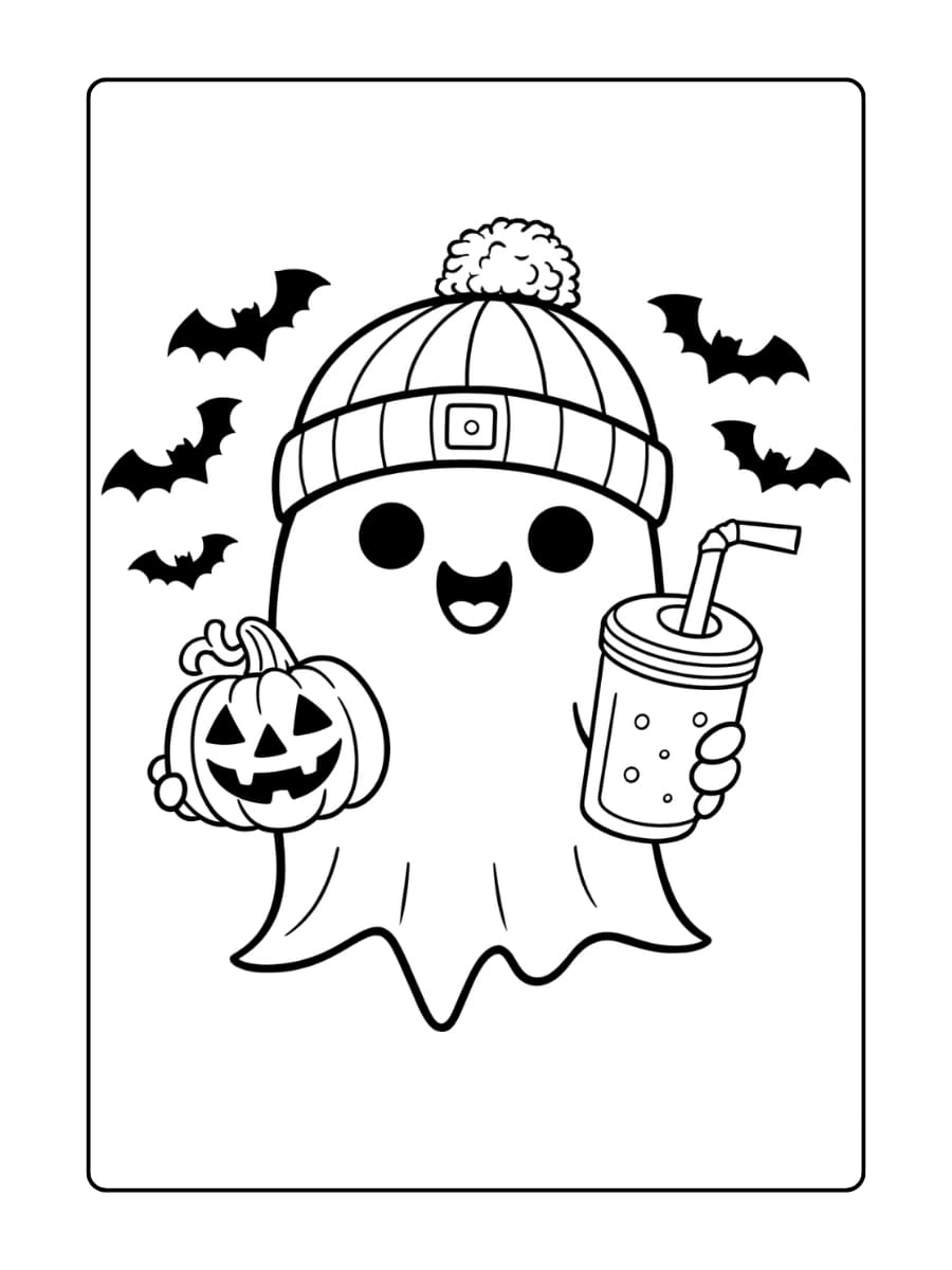 Kleurplaat Halloween - schattig spookje met een pompoen en een drankje viert Halloween tussen de vleermuizen