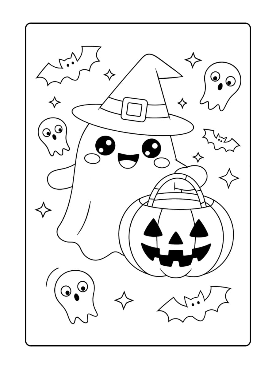 Kleurplaat Halloween - schattig spookje met heksenhoed en pompoen viert Halloween