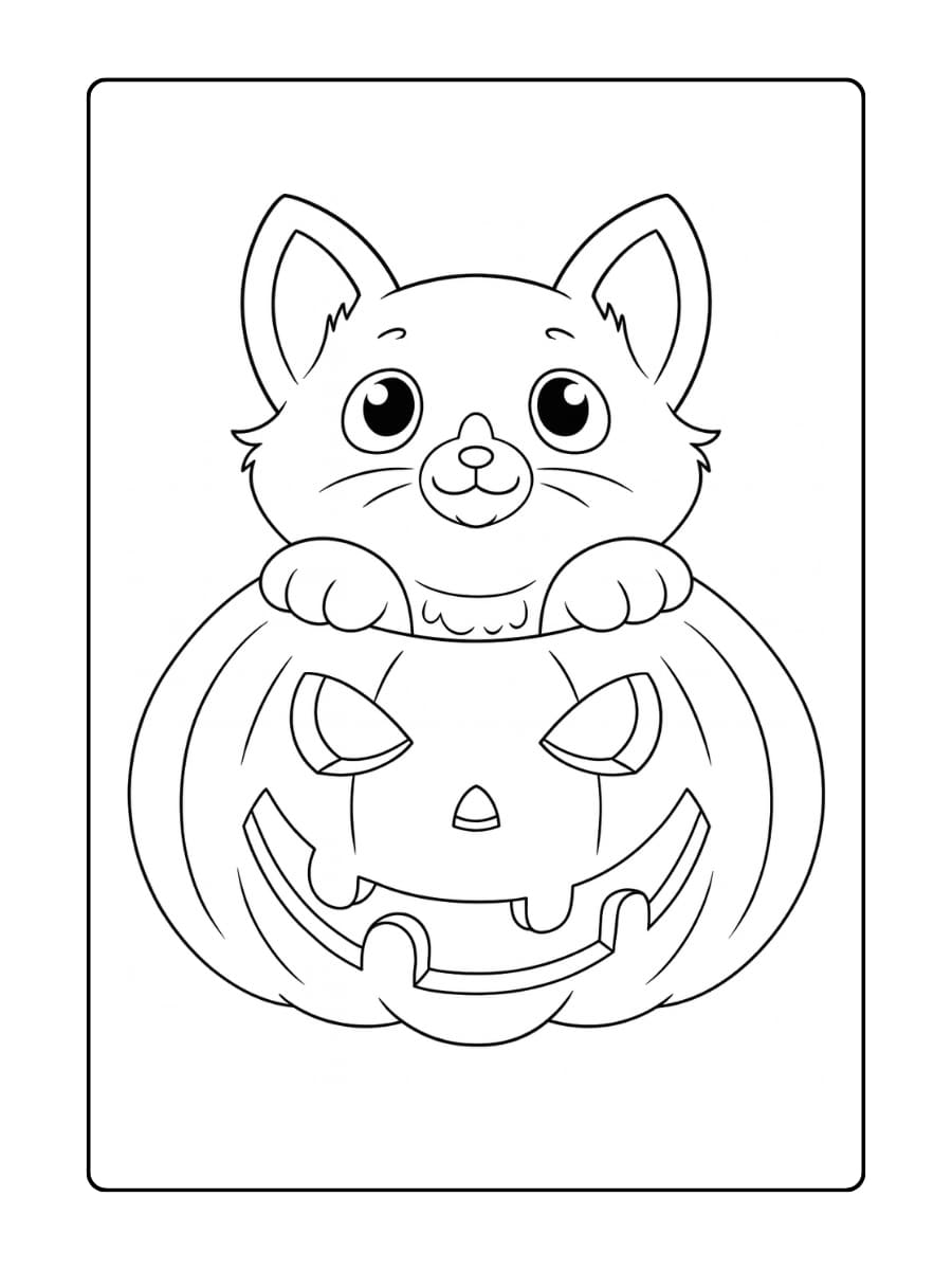 Kleurplaat schattig zwart katje kijkt uit een enge Halloween pompoen