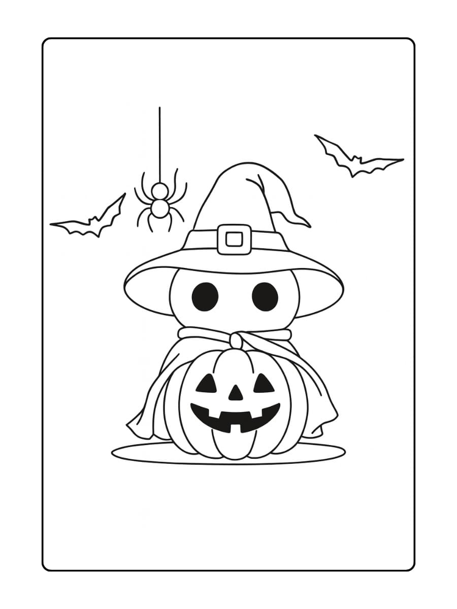 Kleurplaat schattige Halloween pompoen met een heksenhoed en vleermuizen op de achtergrond Kleurplaat schattige Halloween pompoen met een heksenhoed en vleermuizen op de achtergrond