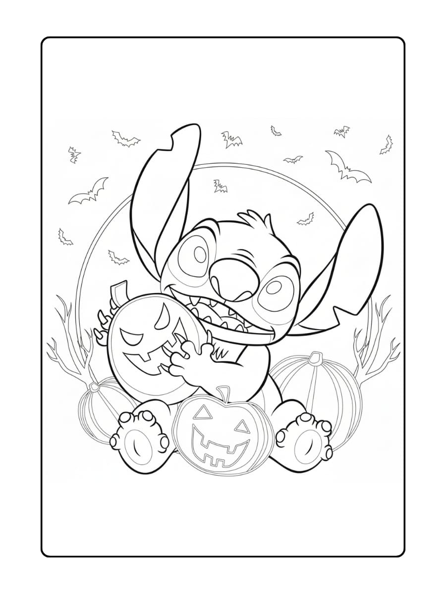 Kleurplaat stitch halloween - Een schattige Stitch viert Halloween tussen pompoenen en vleermuizen