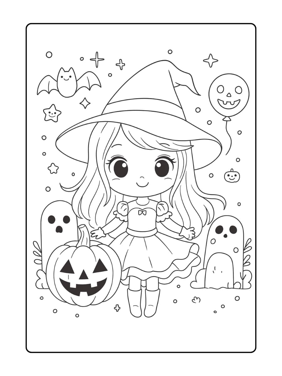 Kleurplaat Halloween - schattige heks met een pompoen viert Halloween