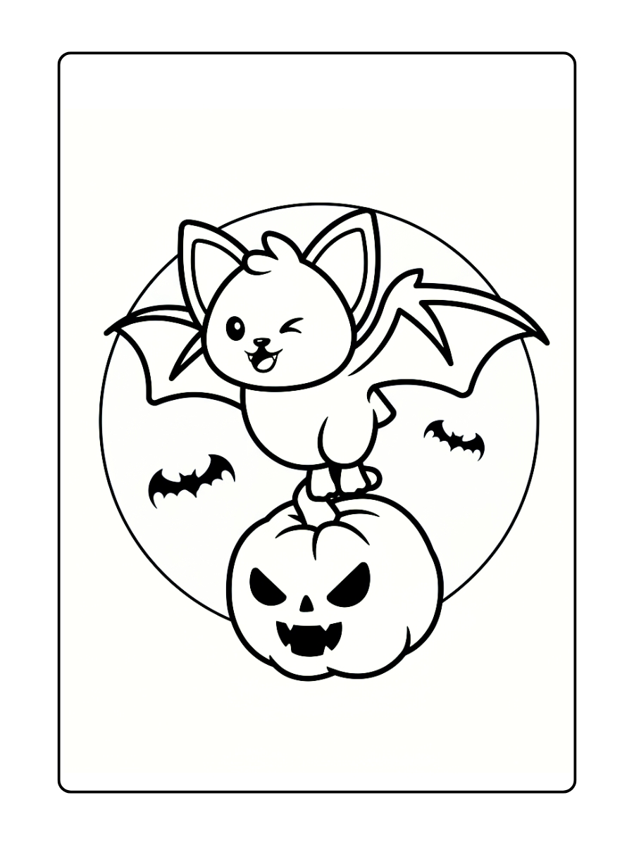 Een schattige kleine vleermuis knipoogt en staat op een Halloweenpompoen