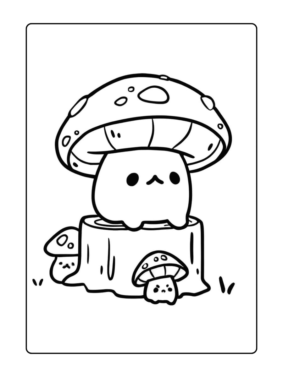 Kleurplaat schattige paddenstoel met gezichtje zit bovenop een boomstronk met twee kleine paddestoelen ernaast
