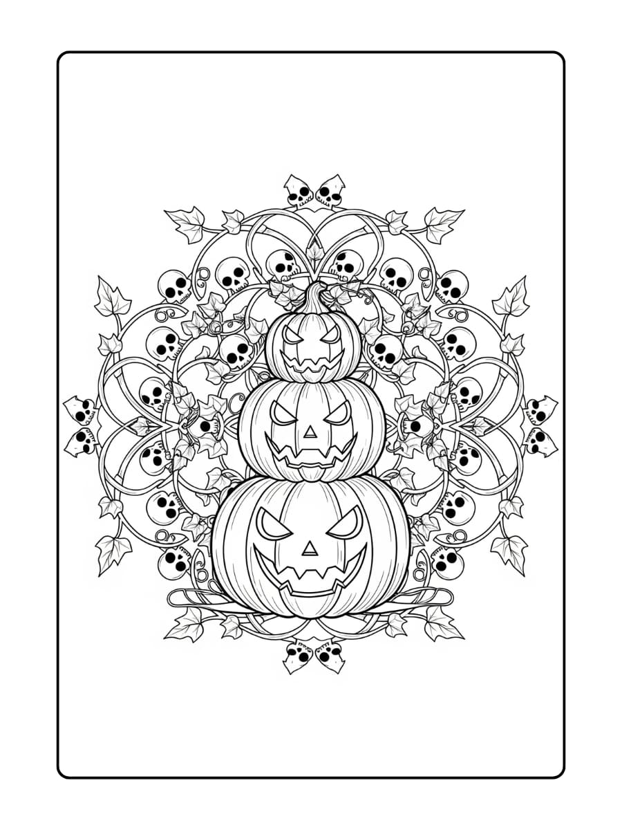 Halloween kleurplaat volwassenen - Een stapel van drie pompoenen in mandala style, met verschillende gezichten, omgeven door kronkelende klimop en kleine schedeltjes