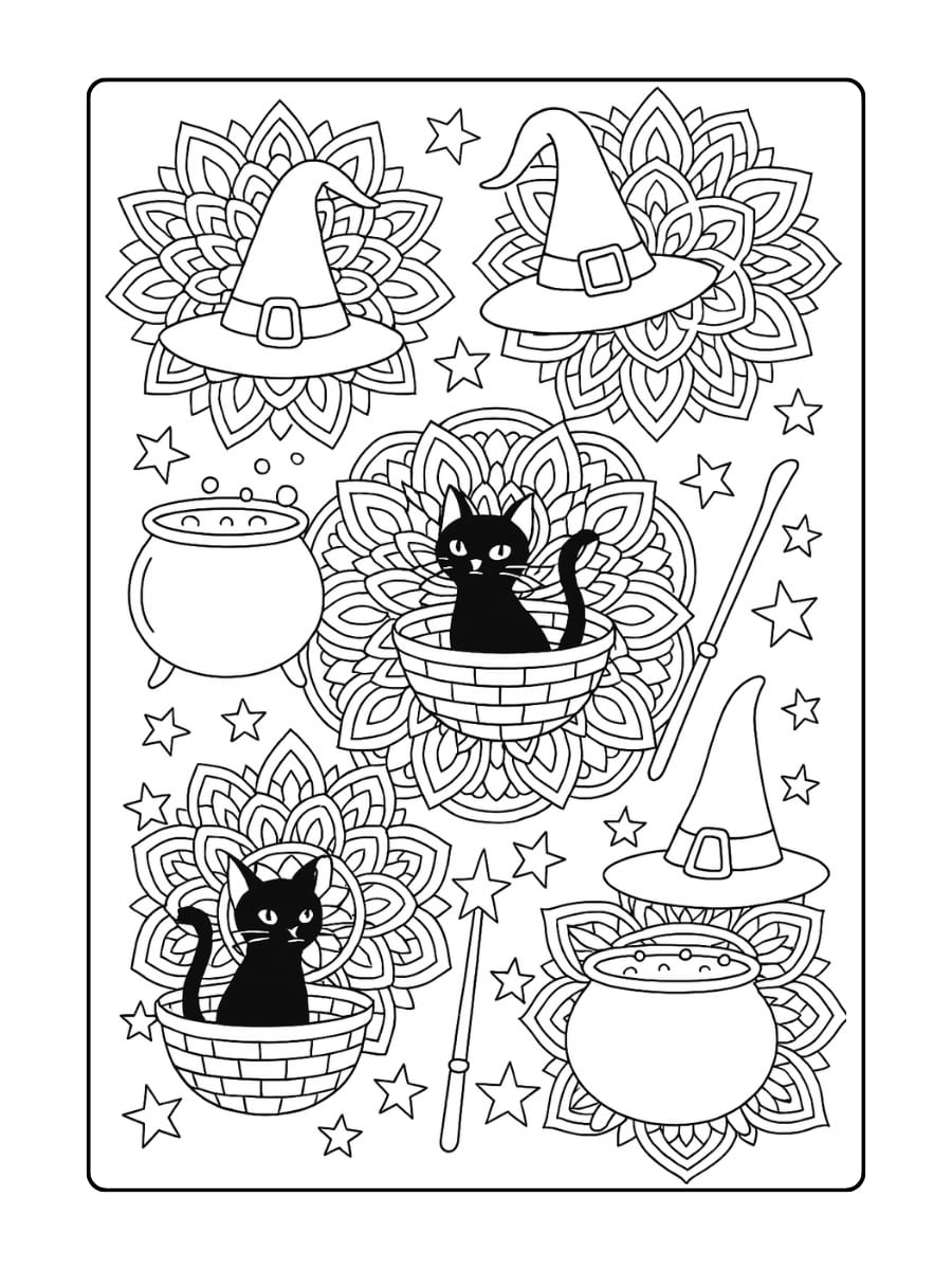 Halloween kleurplaat volwassenen - Een verzameling heksenaccessoires zoals hoeden, ketels, toverstokken en zwarte katten in mandala achtige patronen