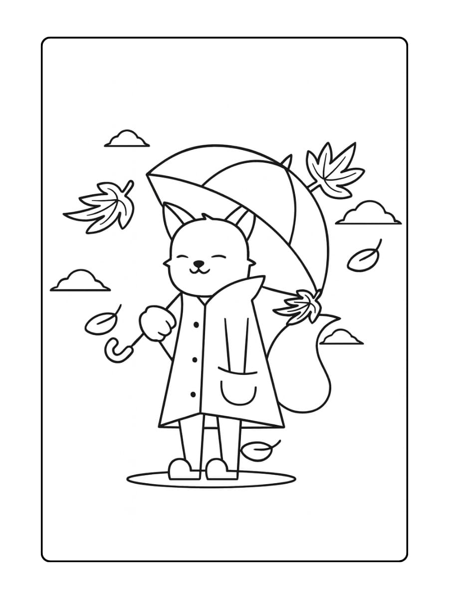 Kleurplaat herfst​ - Een vos met een paraplu geniet van de herfst terwijl bladeren om hem heen vallen