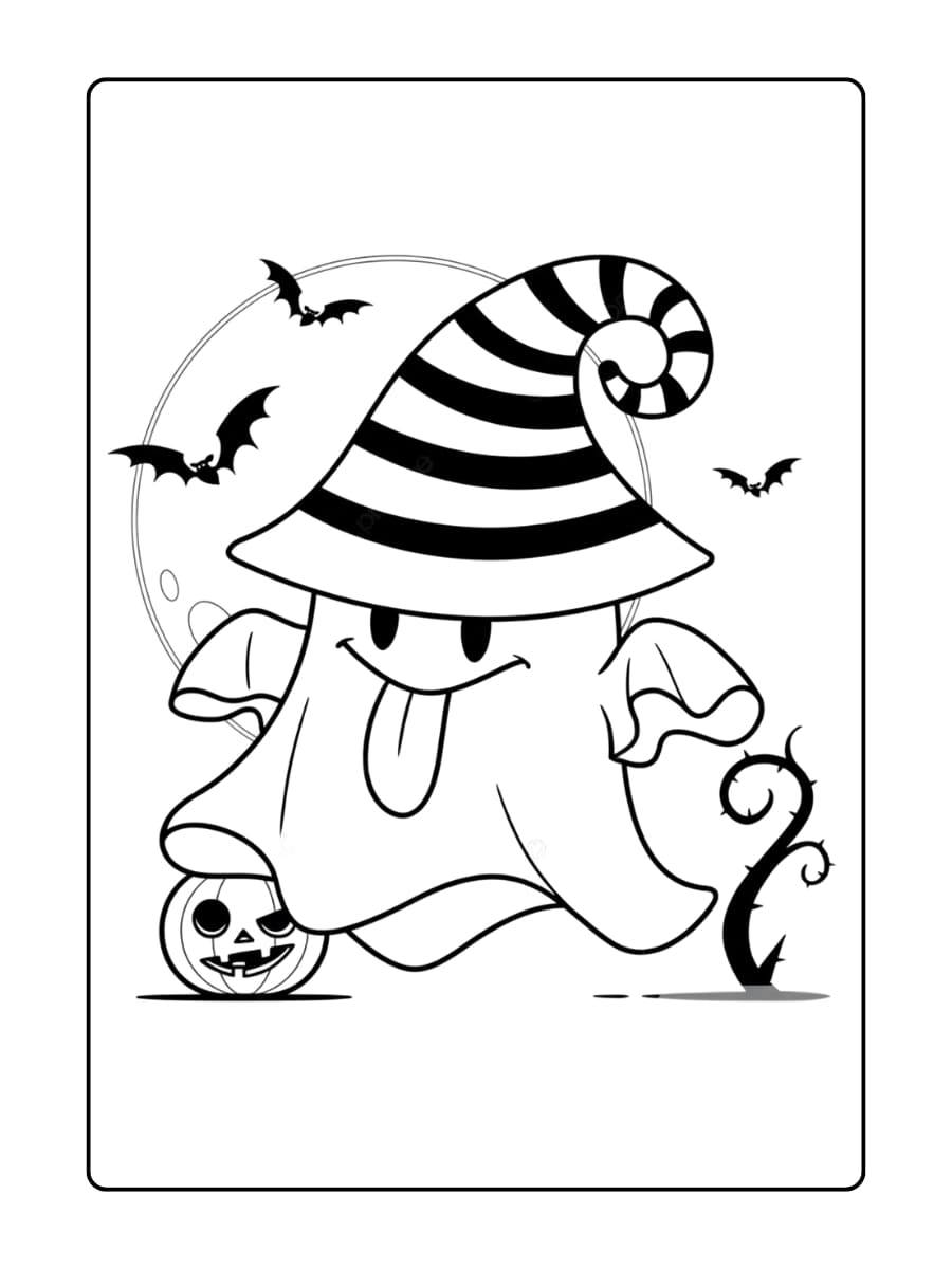 Kleurplaat Halloween - vrolijk spookje met een heksenhoed zweeft rond met pompoenen en vleermuizen voor Halloween