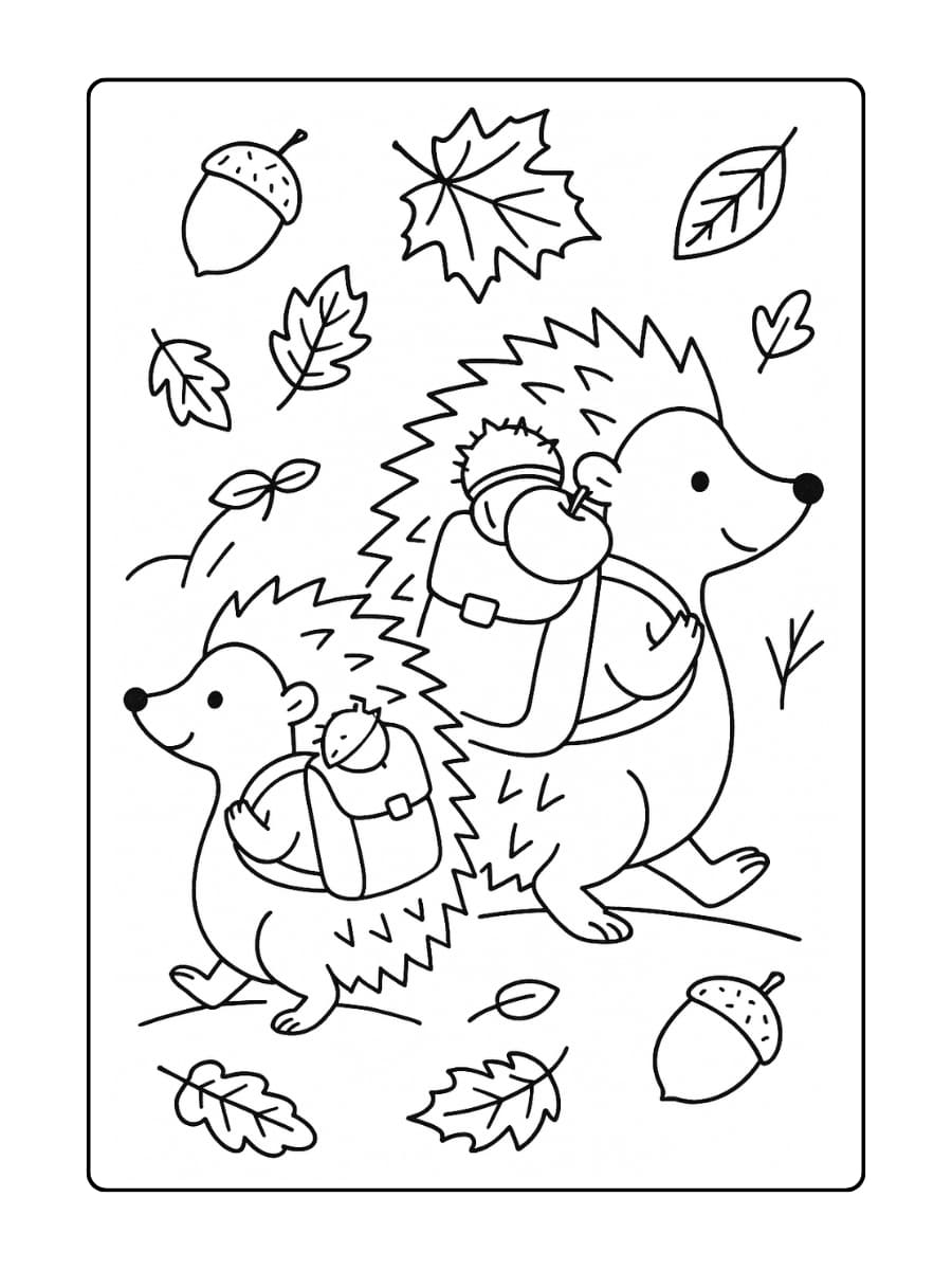 Kleurplaat herfst​ - Egeltjes die naar school gaan in de herfst, met kastanjes en appels in hun rugzak