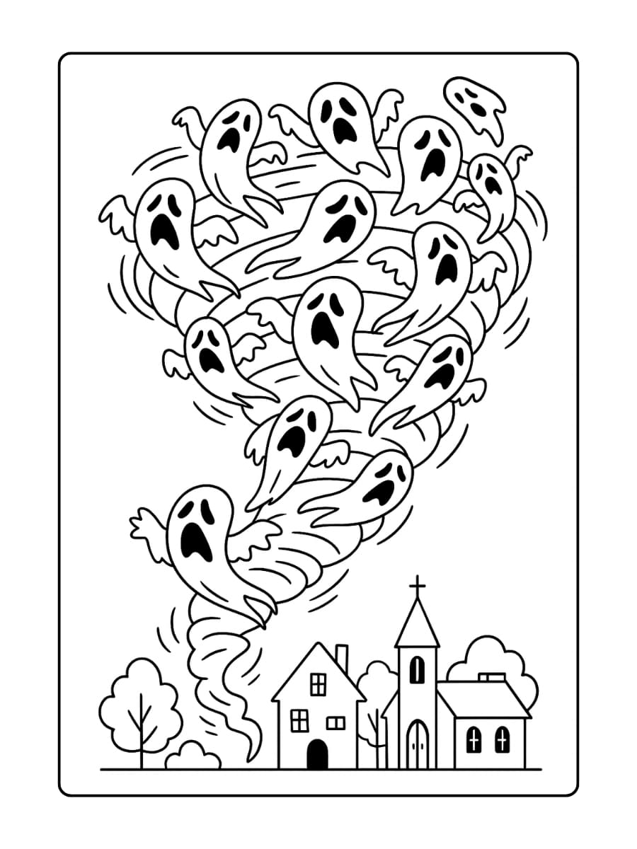 Kleurplaat halloween eng – Een tornado vol gillende spoken die over een dorp raast