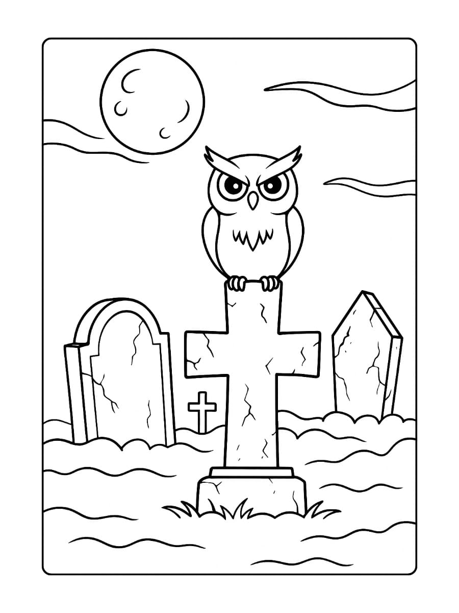 Kleurplaat halloween eng – Oude grafstenen, een uil op een kruis en mist die over de grond hangt