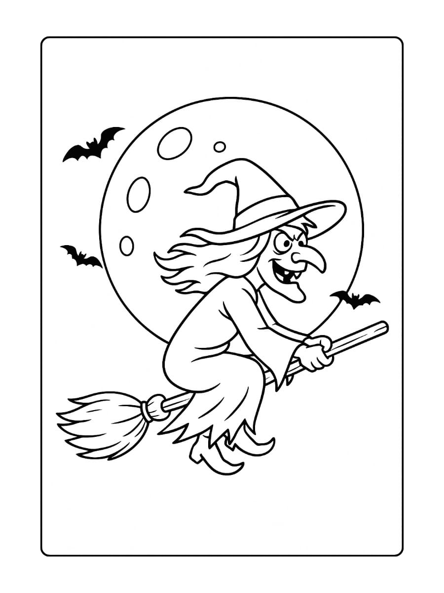 Kleurplaat halloween eng – Een heks die door de lucht vliegt met haar hoed, terwijl de maan helder schijnt