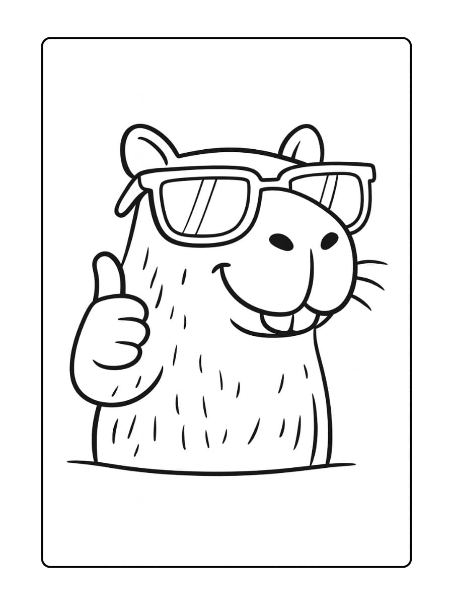 Kleurplaat capybara draagt een zonnebril en steekt zijn duim omhoog