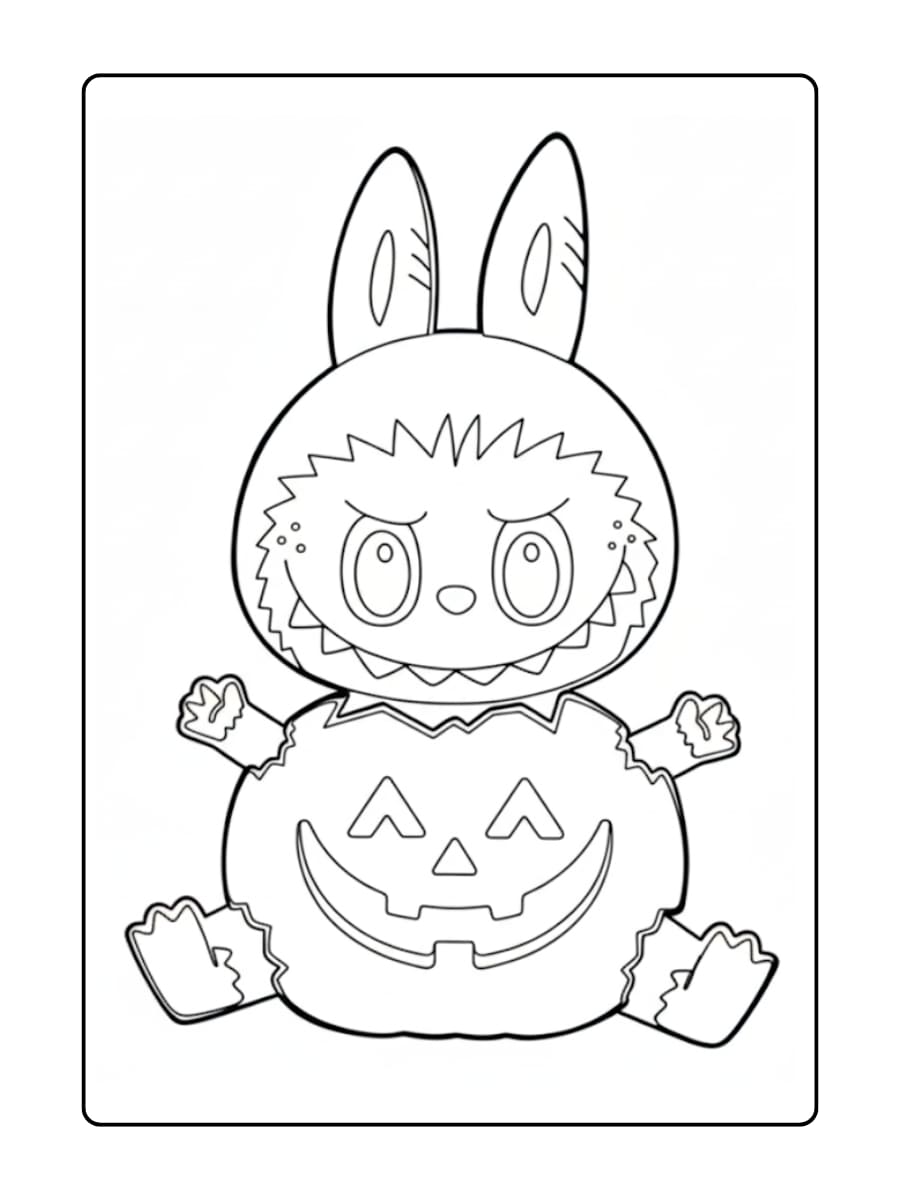 Kleurplaat Halloween - Labubu verkleed in een pompoenpakje viert Halloween