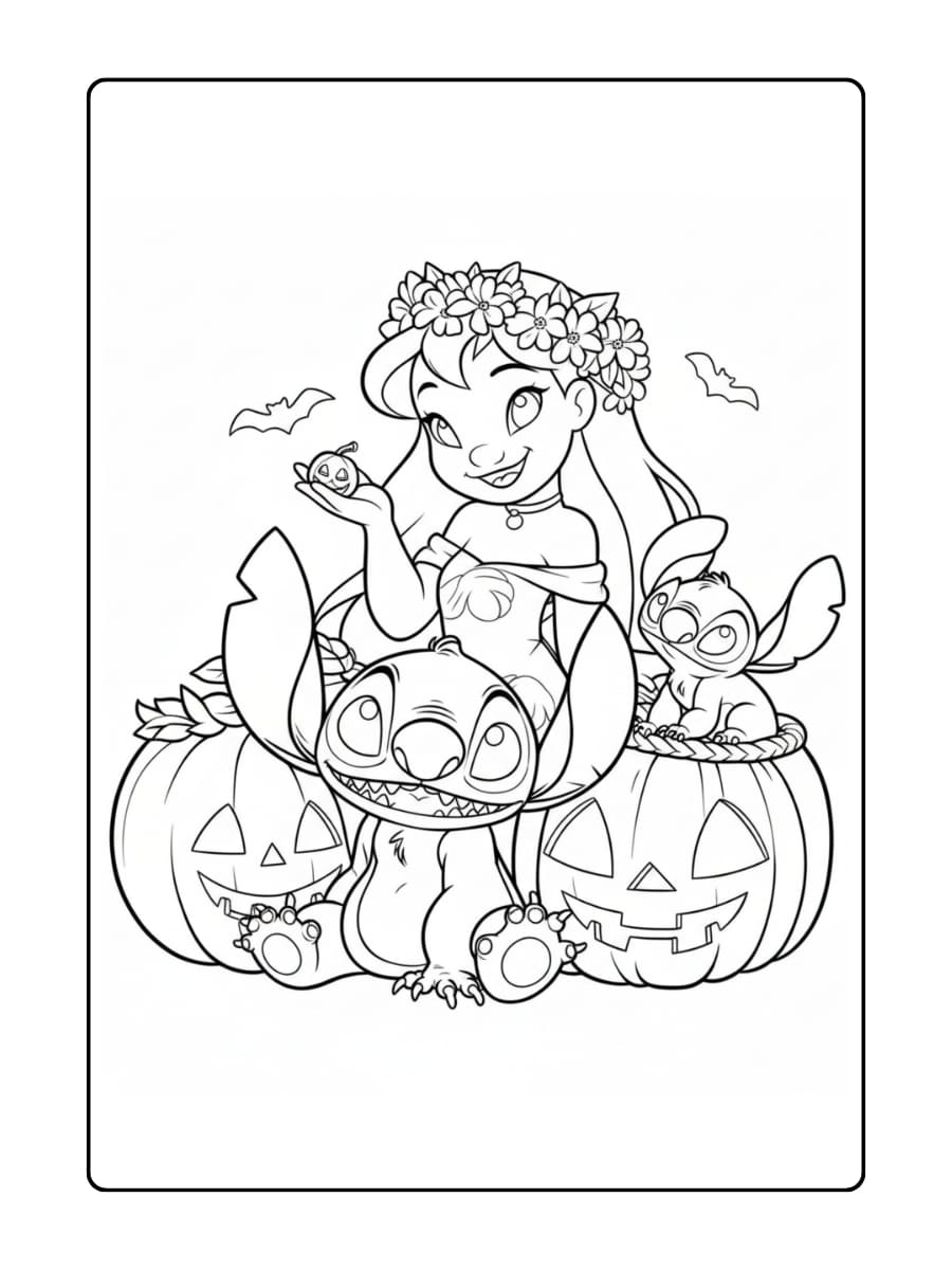 Kleurplaat stitch halloween - Lilo en Stitch vieren samen Halloween, omringd door pompoenen en vleermuizen