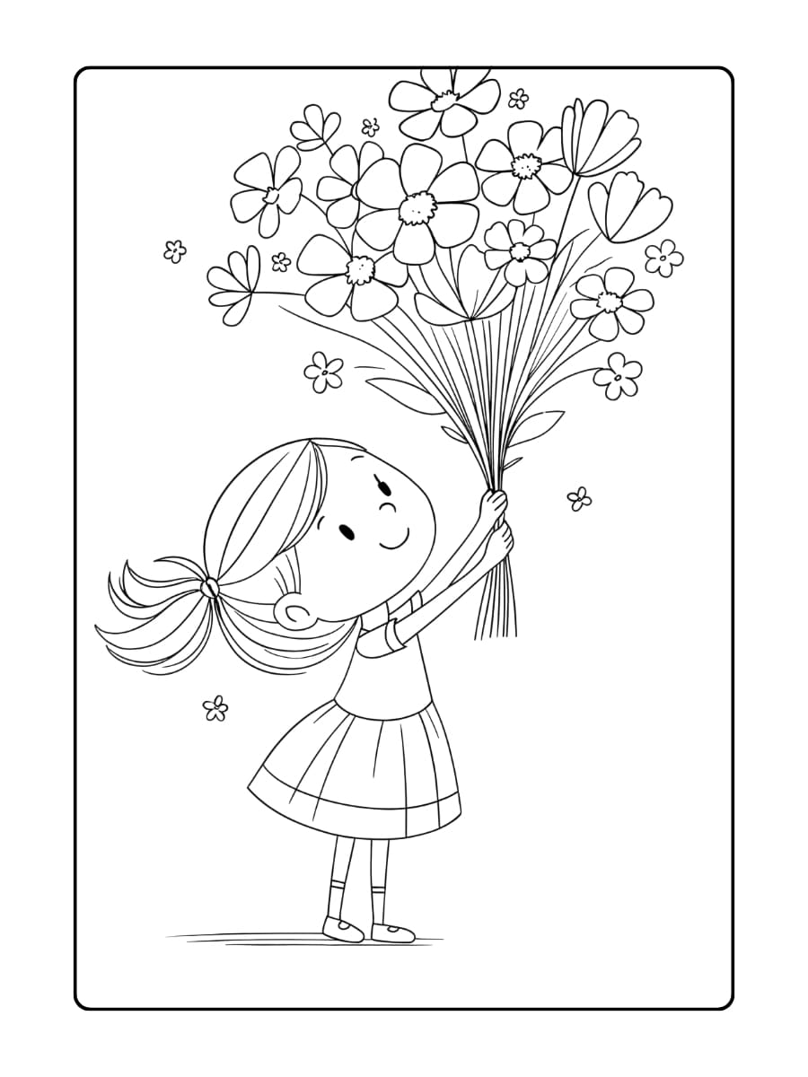 Mama die een grote bos bloemen vasthoudt