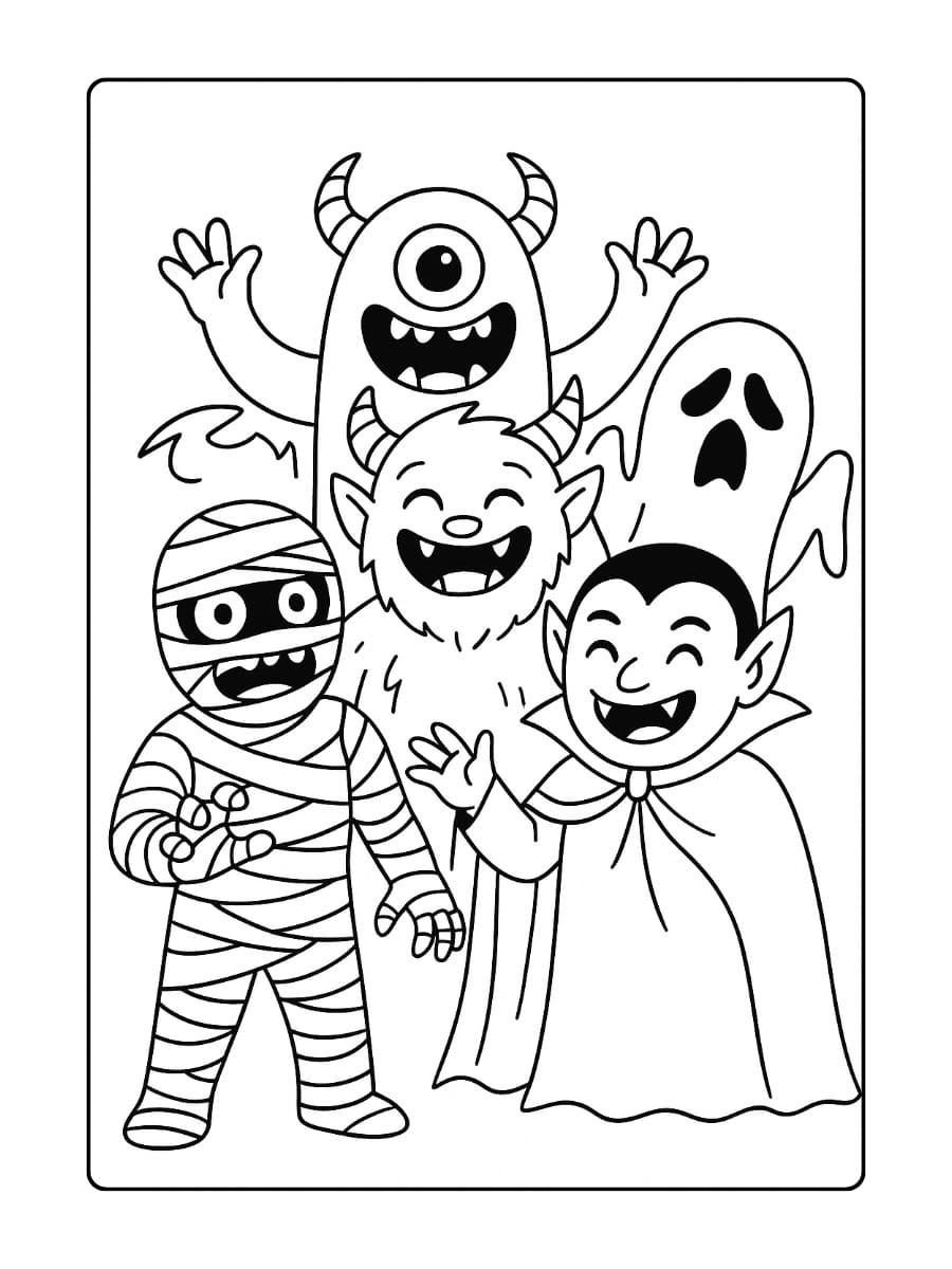 Kleurplaat halloween eng – Een groep monsters met verschillende gezichten die samen lachen en griezelen