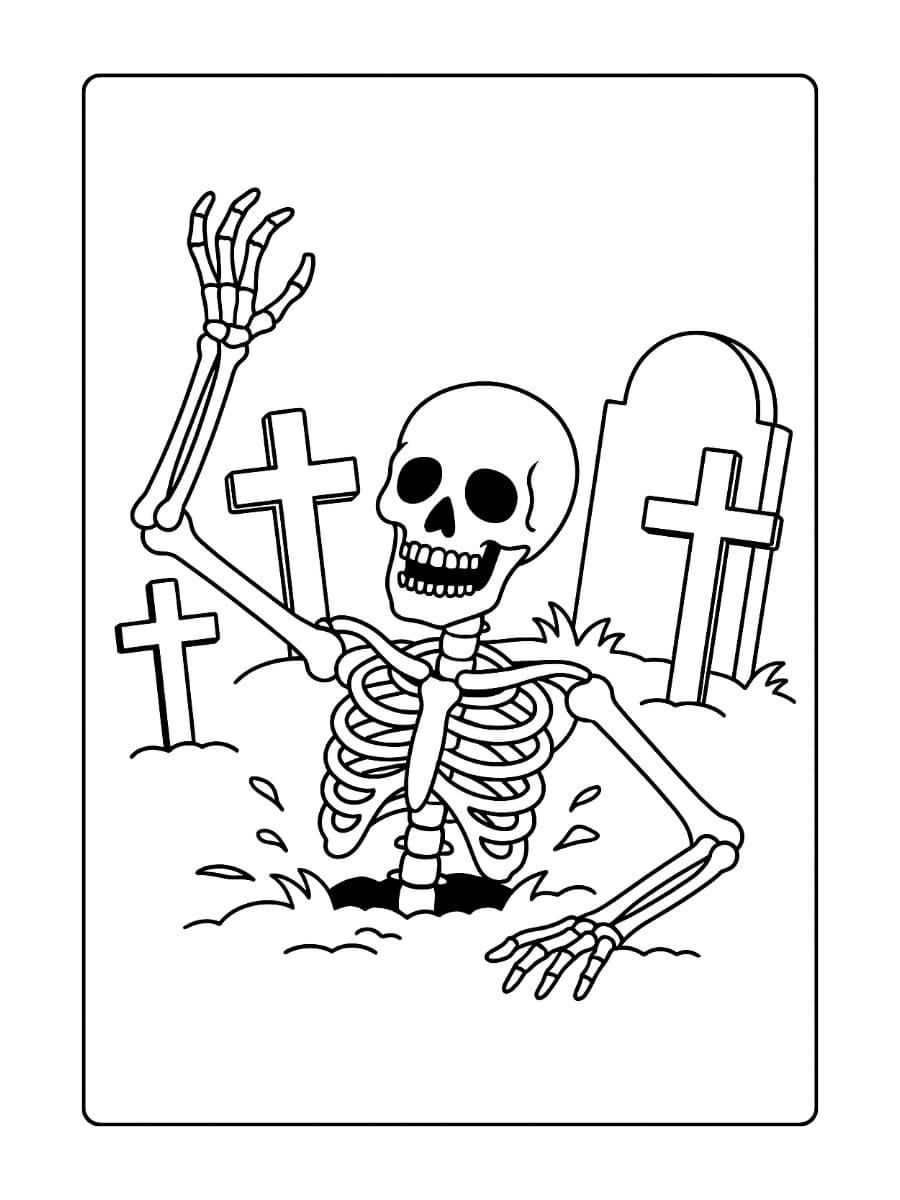Kleurplaat halloween eng – Een skelet dat opstaat uit de grond met grafstenen en kruizen om hem heen