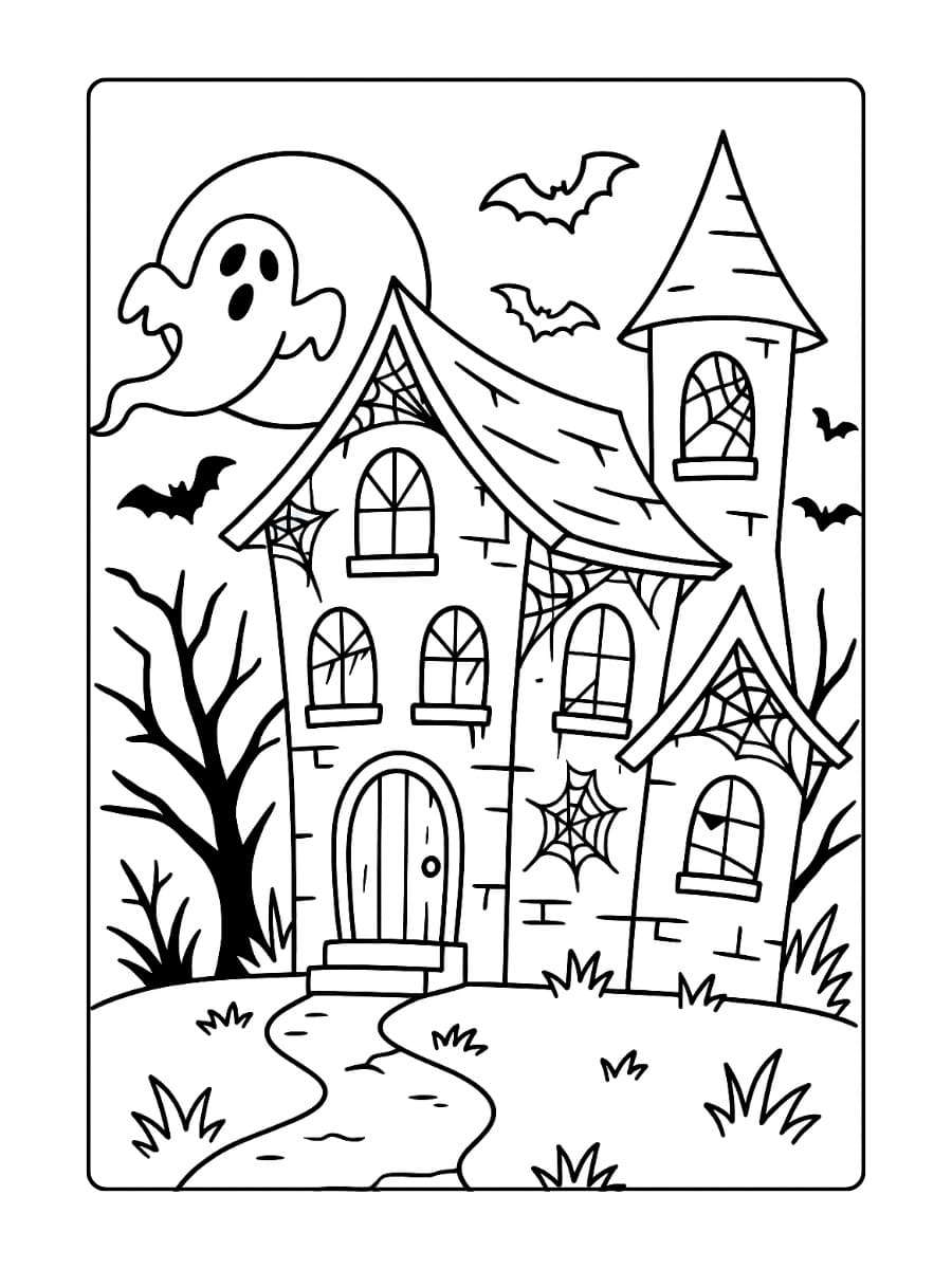Kleurplaat halloween eng – Een oud, krakend huis met spinnenwebben, vleermuizen en een volle maan erachter