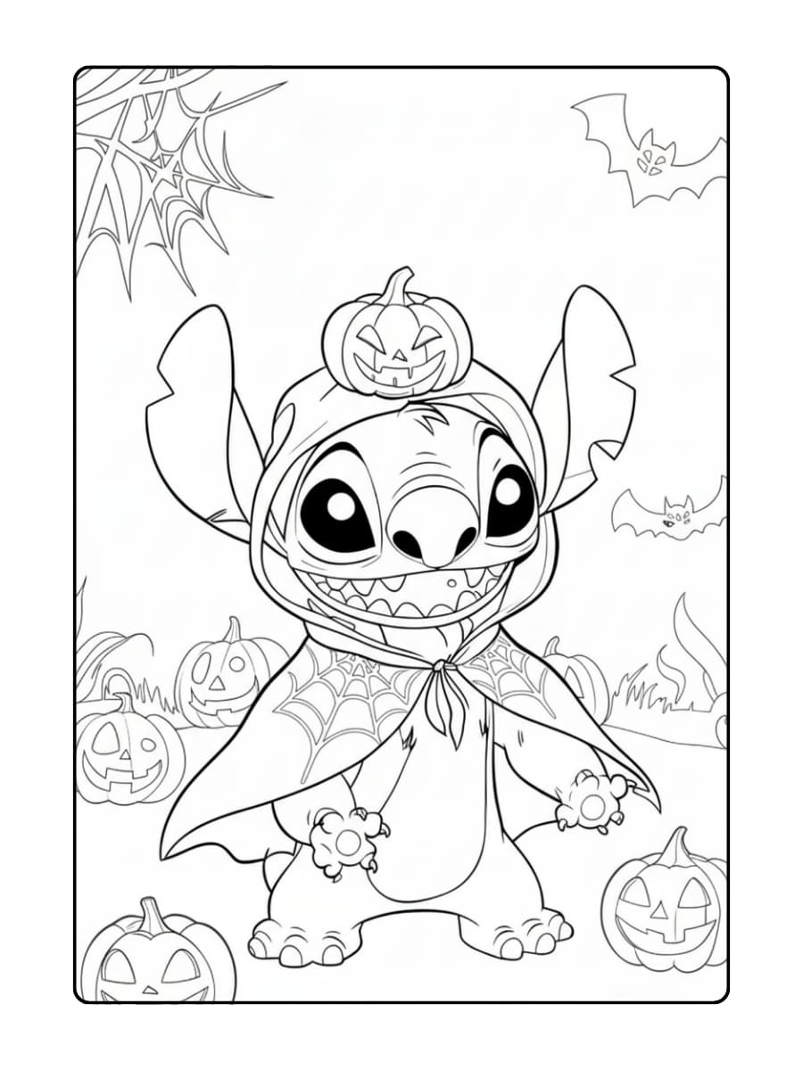 Stitch gekleed in een Halloweenpompoenkostuum, lacht ondeugend Kleurplaat stitch halloween - Stitch gekleed in een Halloweenpompoenkostuum, lacht ondeugend